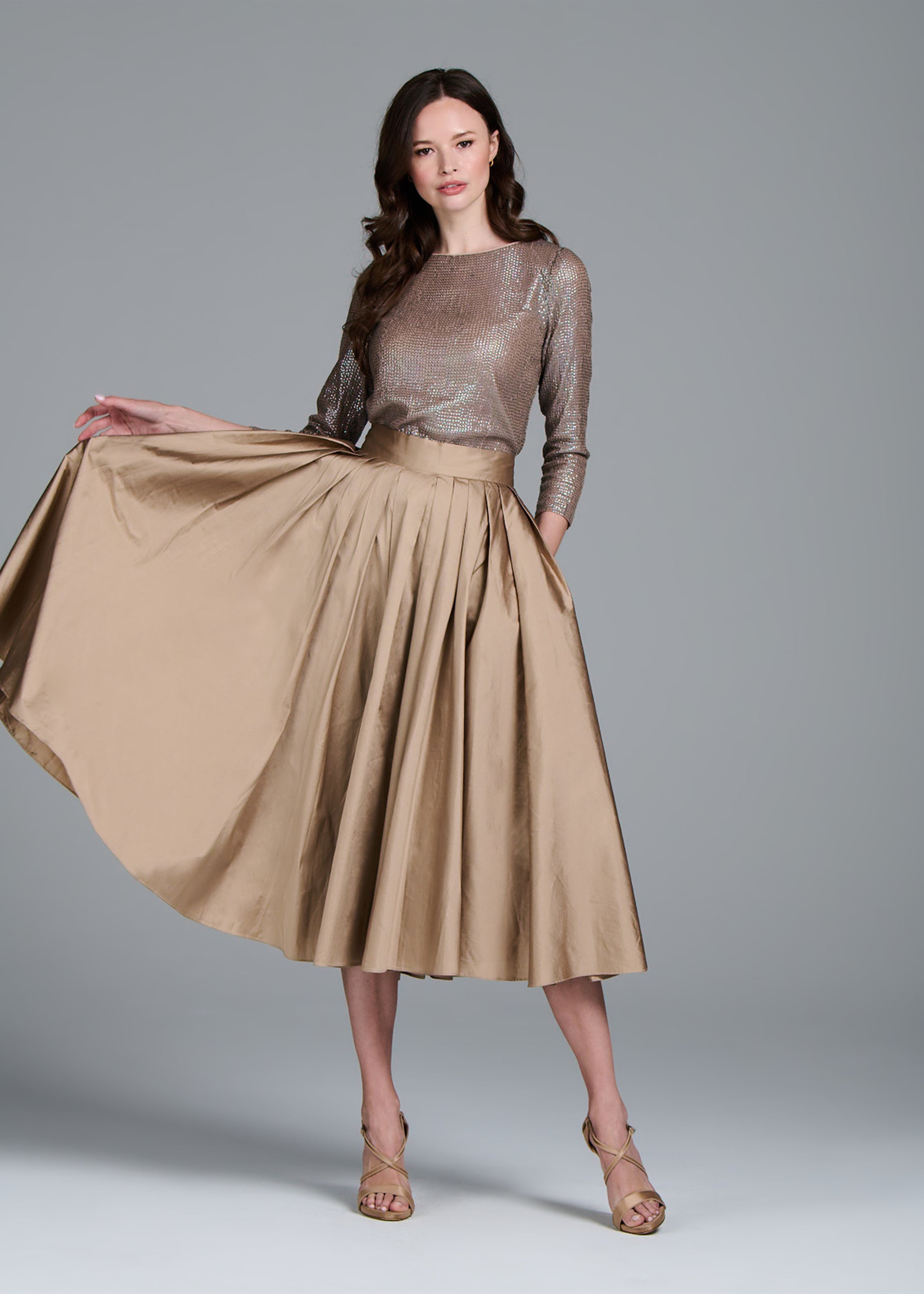 TEA LENGTH PLEATED SOFT TAFFETA MIDI SKIRT SUNTAN