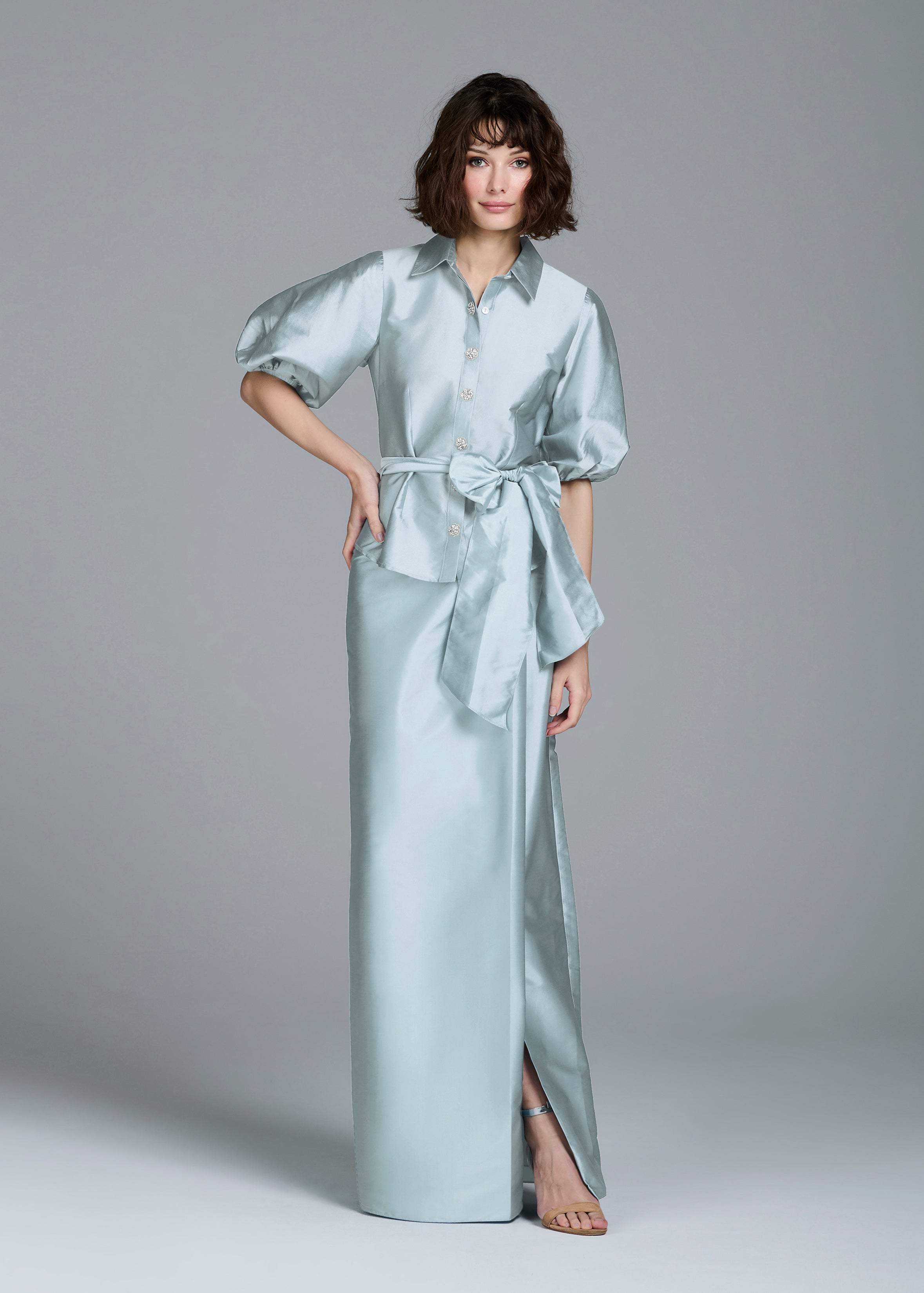 PUFF SLEEVE BLOUSE WITH FLORAL MEDALLION BUTTONS LIGHT BLUE