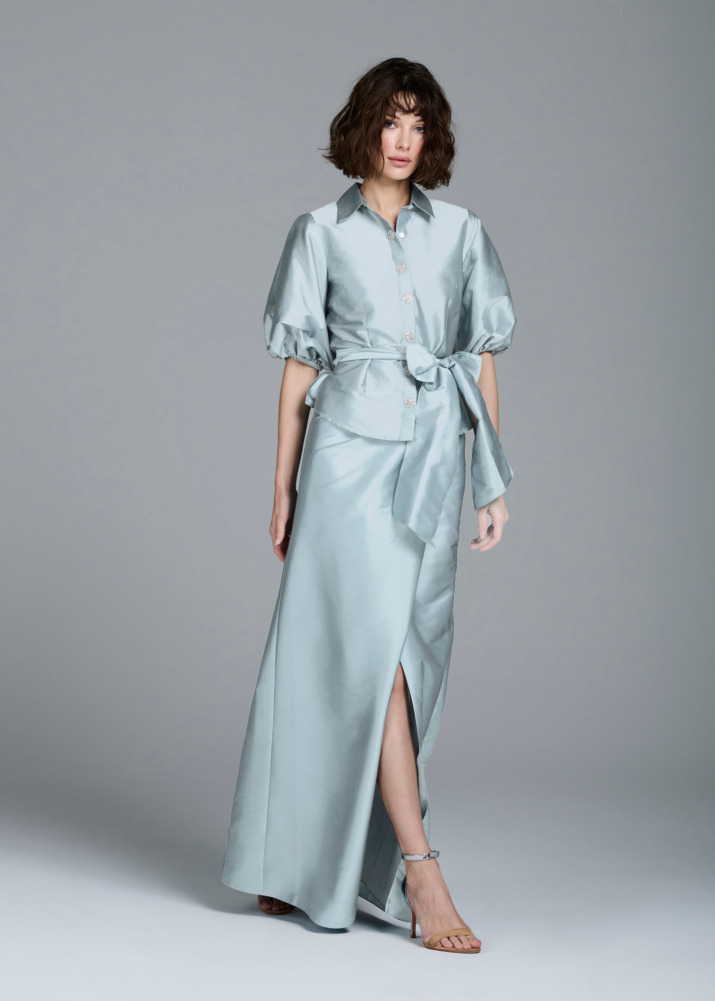 PUFF SLEEVE BLOUSE WITH FLORAL MEDALLION BUTTONS LIGHT BLUE