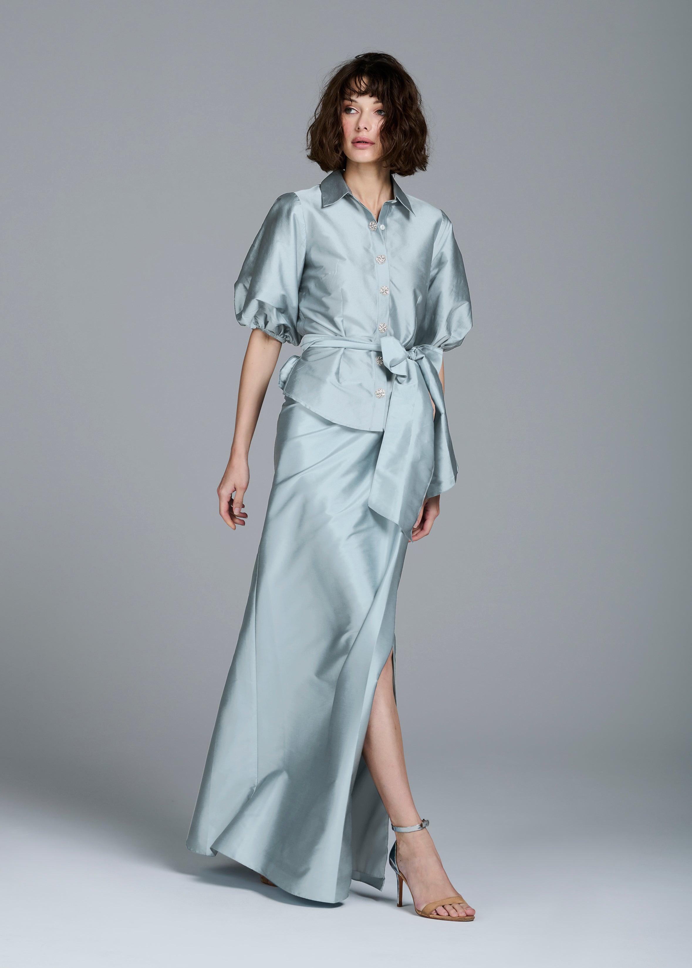 LIGHT BLUE TAFFETA SLIM WRAP SKIRT