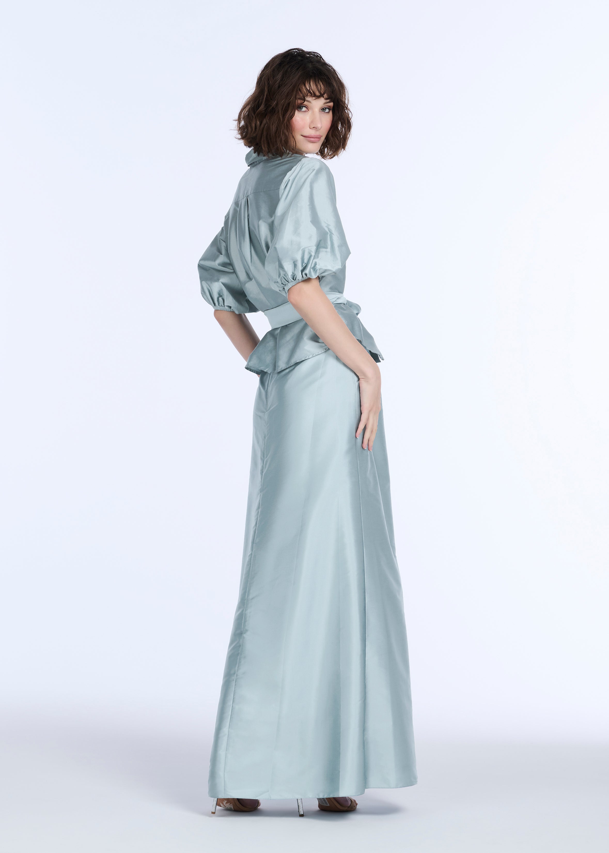 LIGHT BLUE TAFFETA SLIM WRAP SKIRT