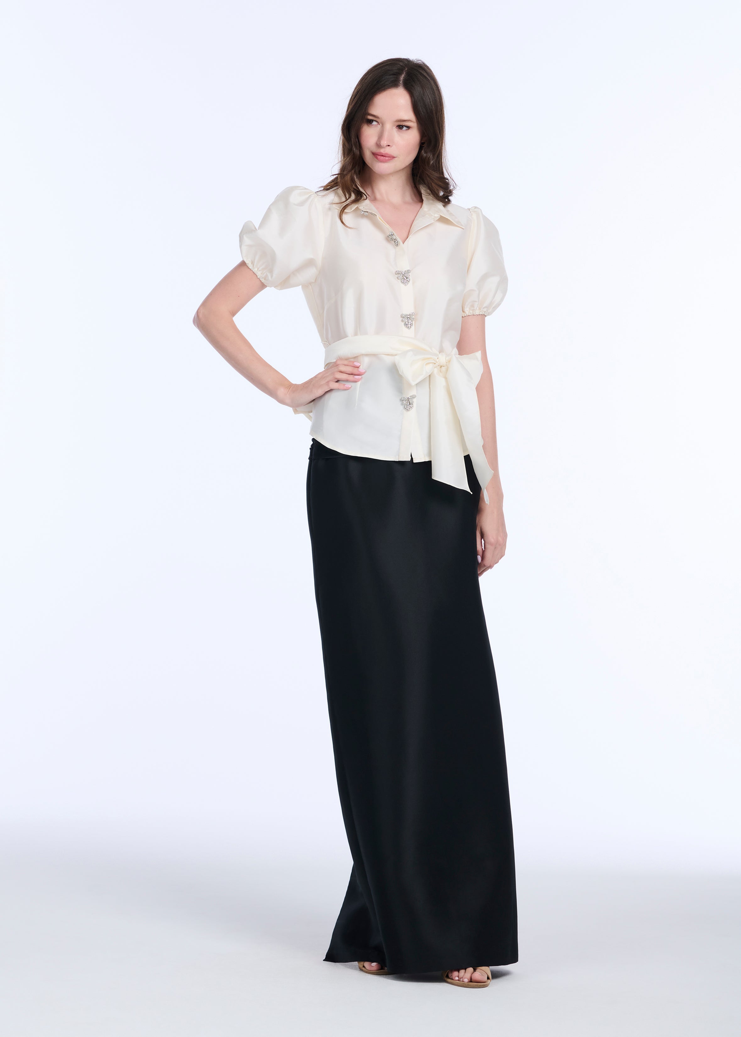 TAFFETA PUFF SLEEVE BLOUSE WITH CRYSTAL LOCKET HEART BUTTONS IVORY