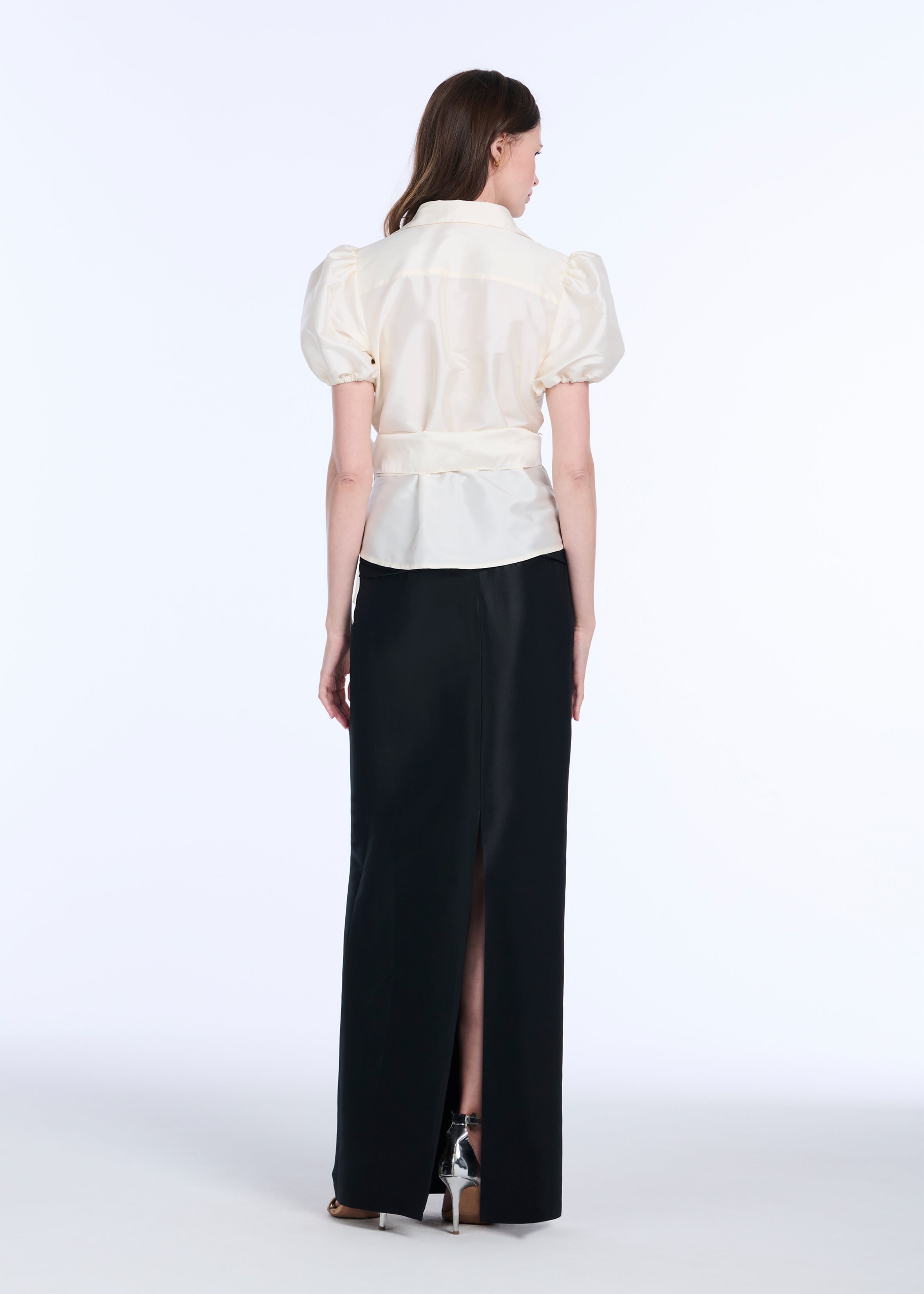 TAFFETA PUFF SLEEVE BLOUSE WITH CRYSTAL LOCKET HEART BUTTONS IVORY