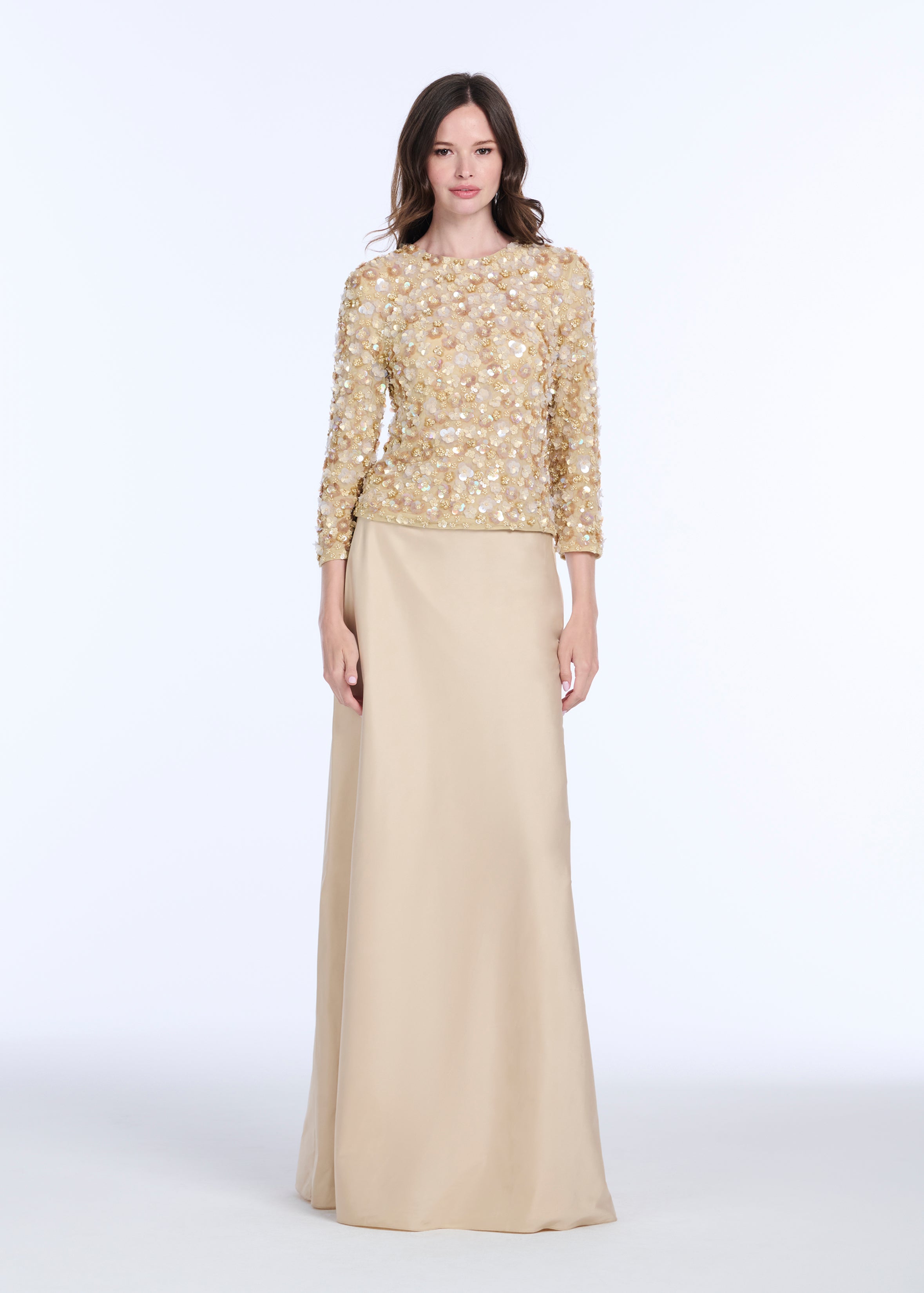 FLORAL 3/4 SLEEVE HAND BEADED PAILETTE TOP CHAMPAGNE