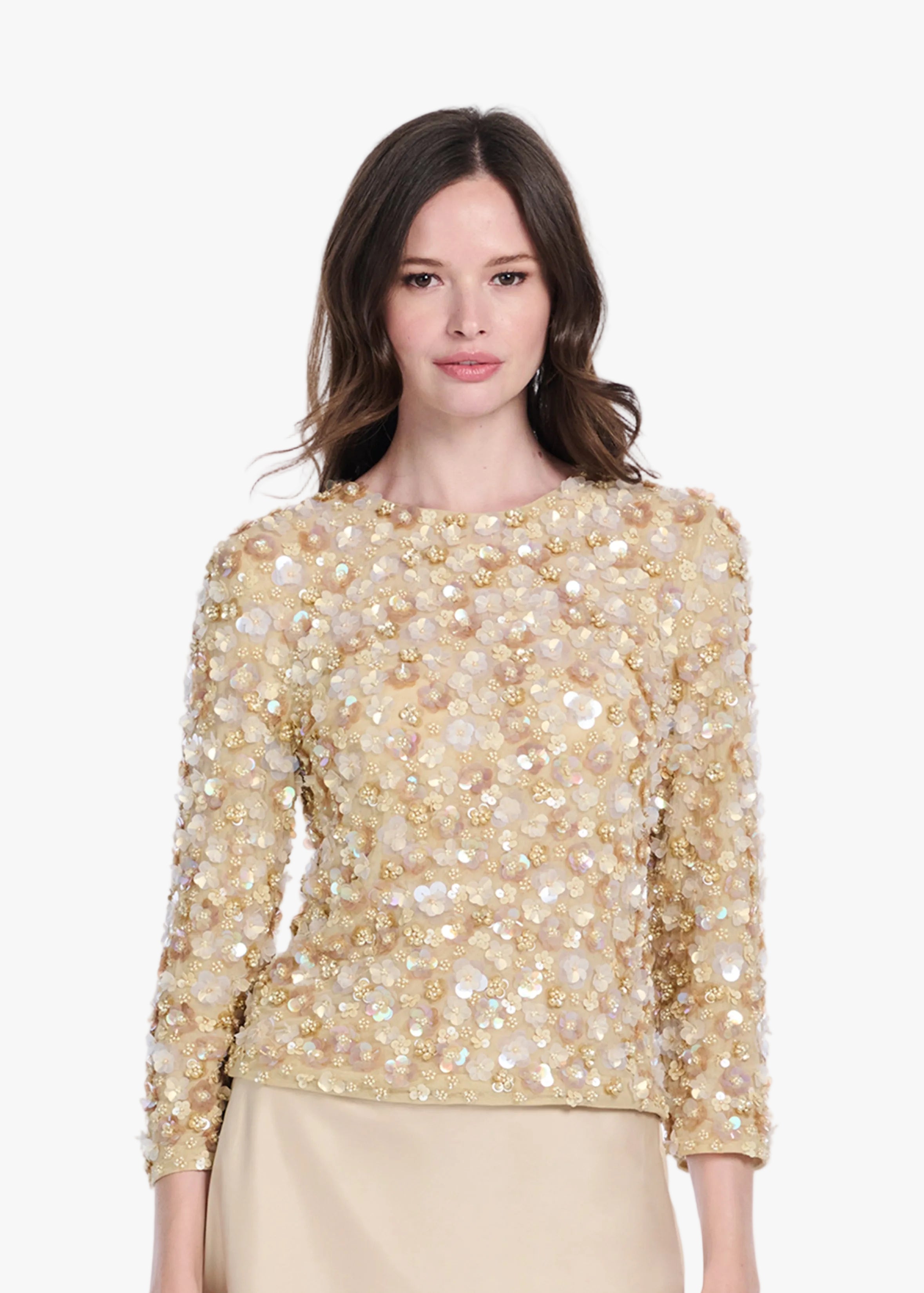 FLORAL 3/4 SLEEVE HAND BEADED PAILETTE TOP BLUSH