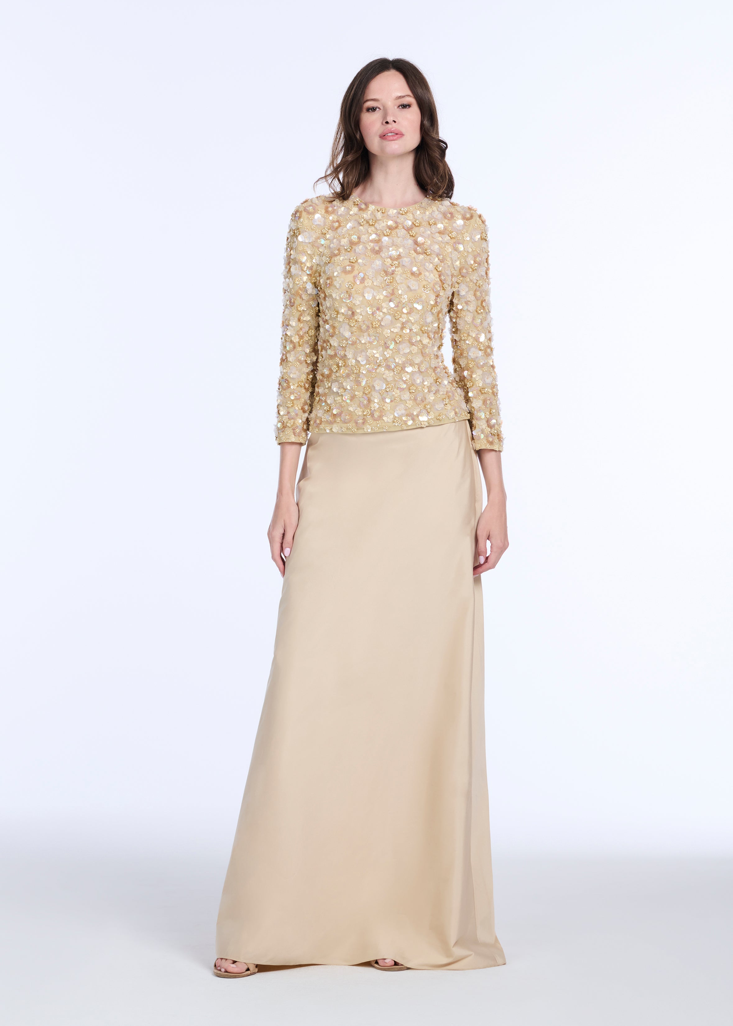 FLORAL 3/4 SLEEVE HAND BEADED PAILETTE TOP CHAMPAGNE