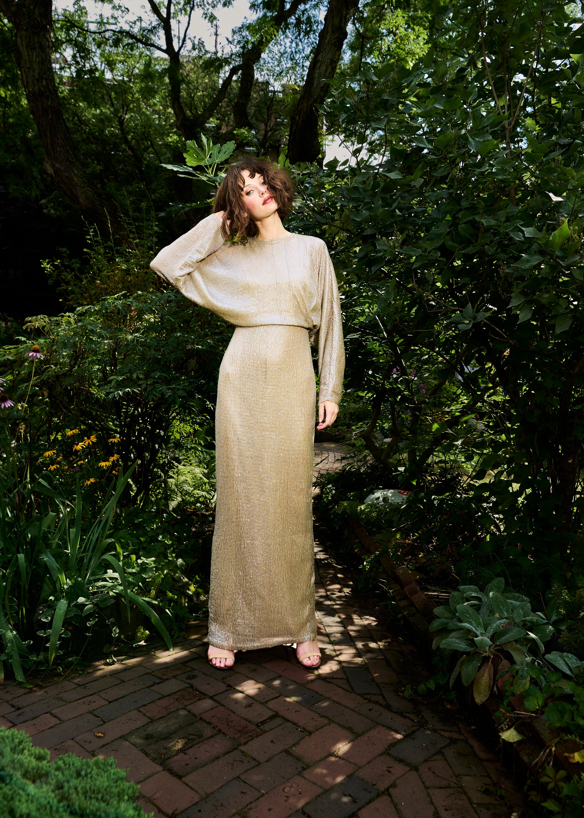 DOME SEQUIN DOLMAN SLEEVE BLOUSON GOWN SANDSTONE