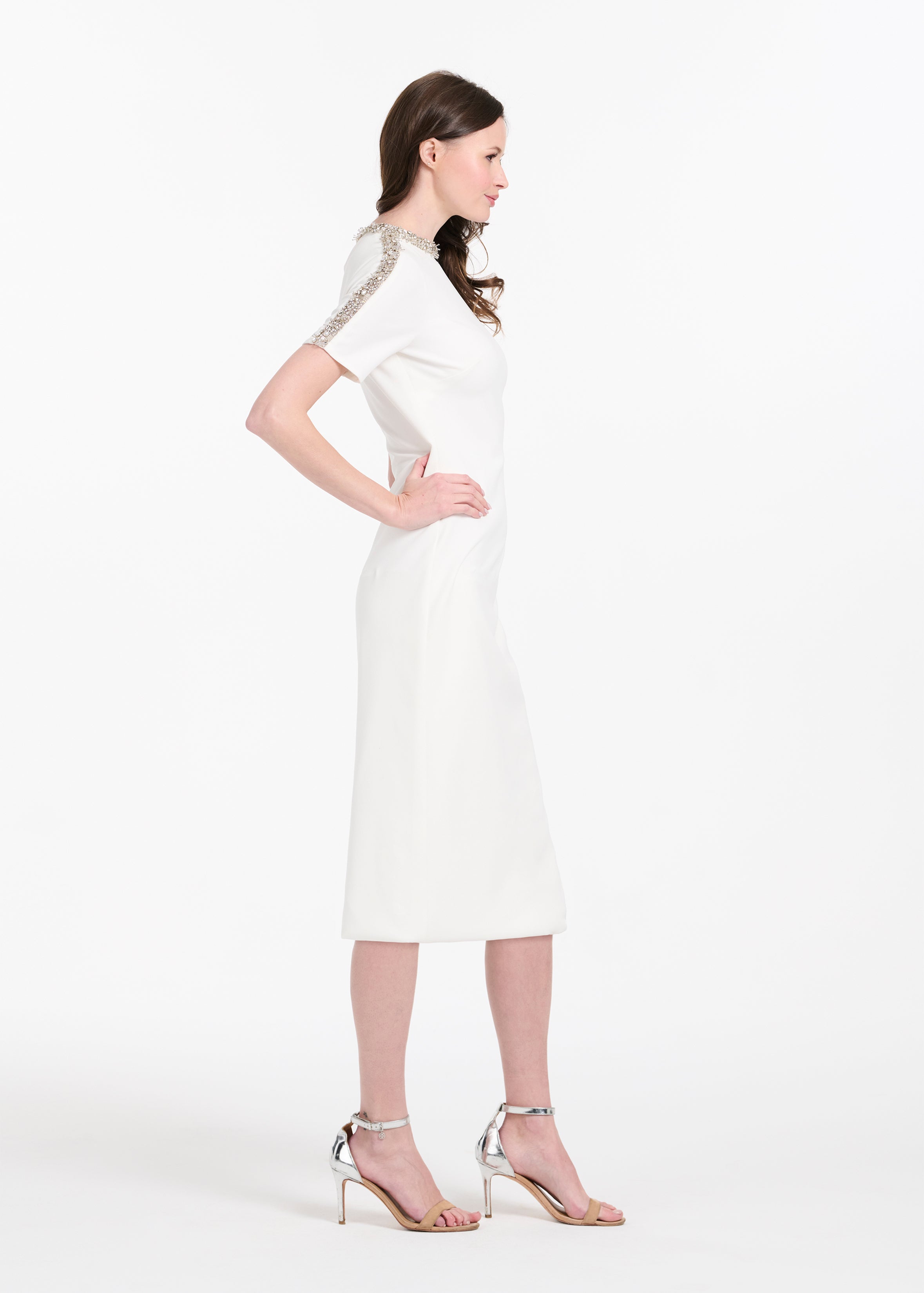 STRETCH CREPE MOCKNECK MIDI WITH CRYSTALS IVORY