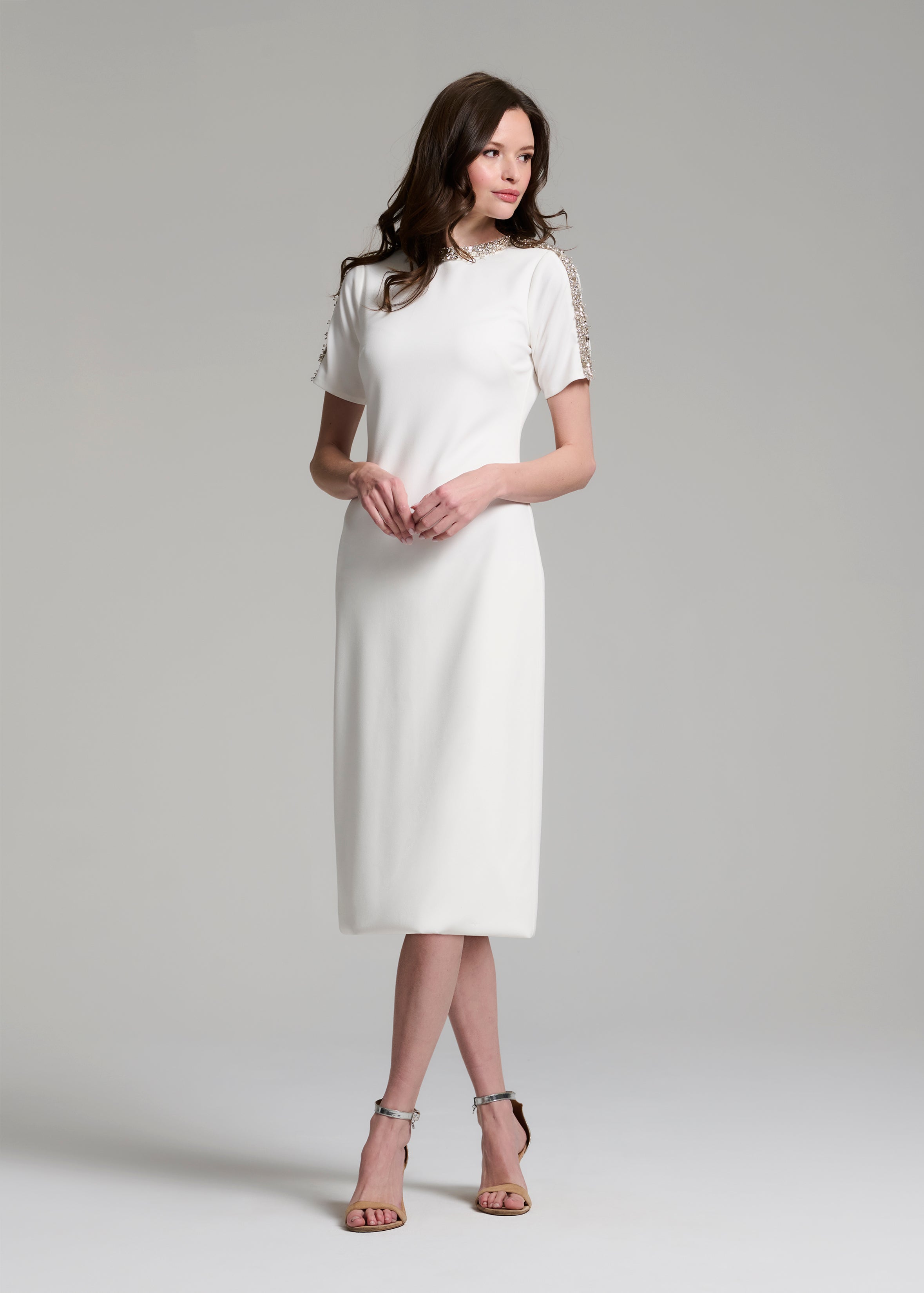 STRETCH CREPE MOCKNECK MIDI WITH CRYSTALS IVORY
