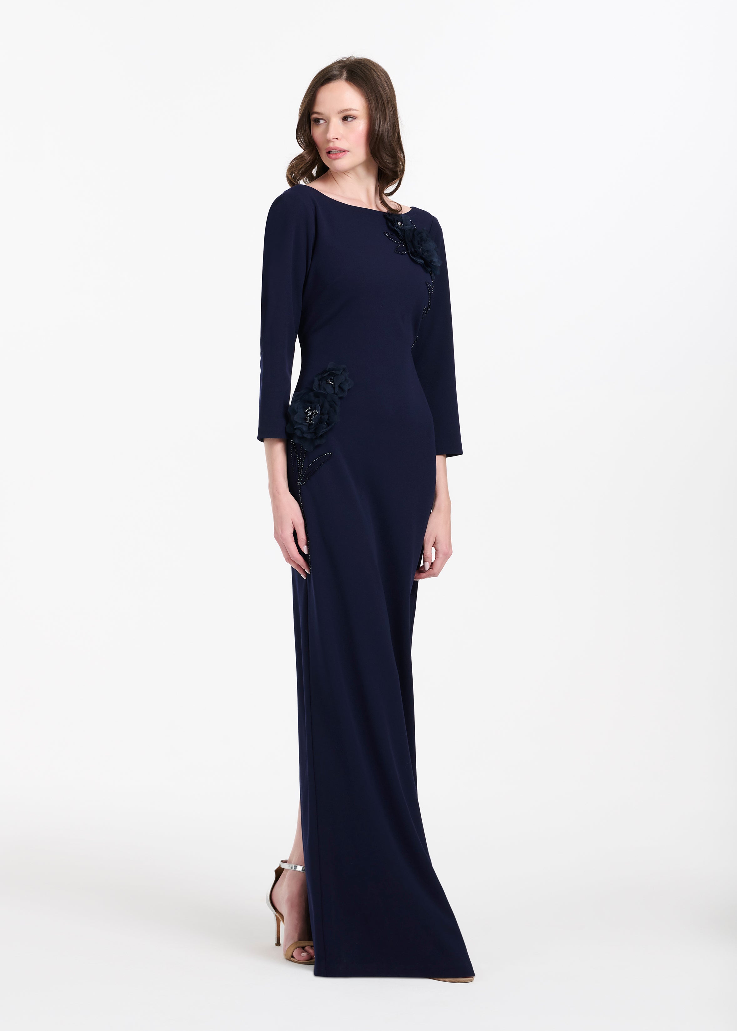 STRETCH CREPE 3/4 SLEEVE GOWN WITH ORGANZA APPLIQUE NAVY