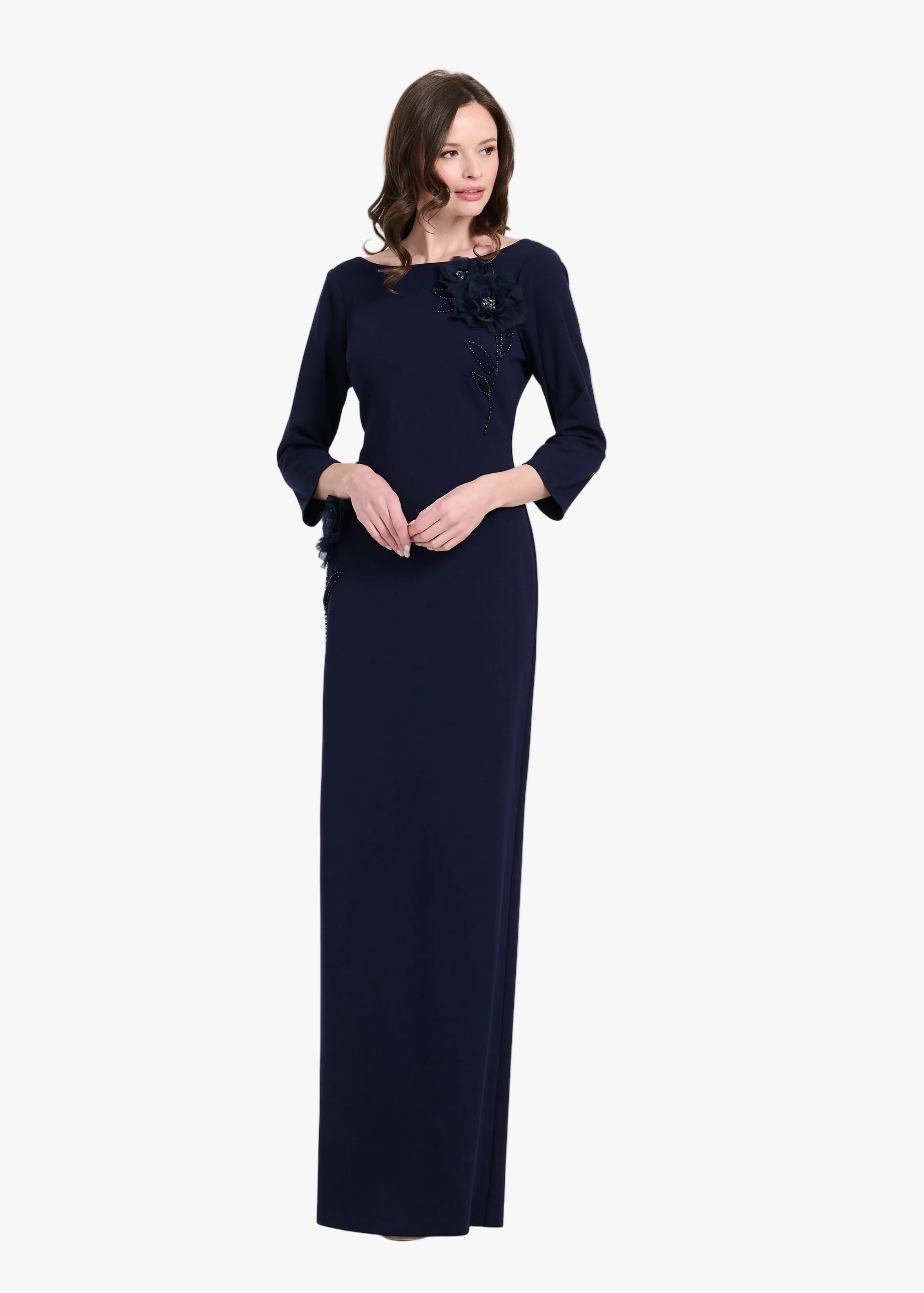 STRETCH CREPE 3/4 SLEEVE GOWN WITH ORGANZA APPLIQUE NAVY