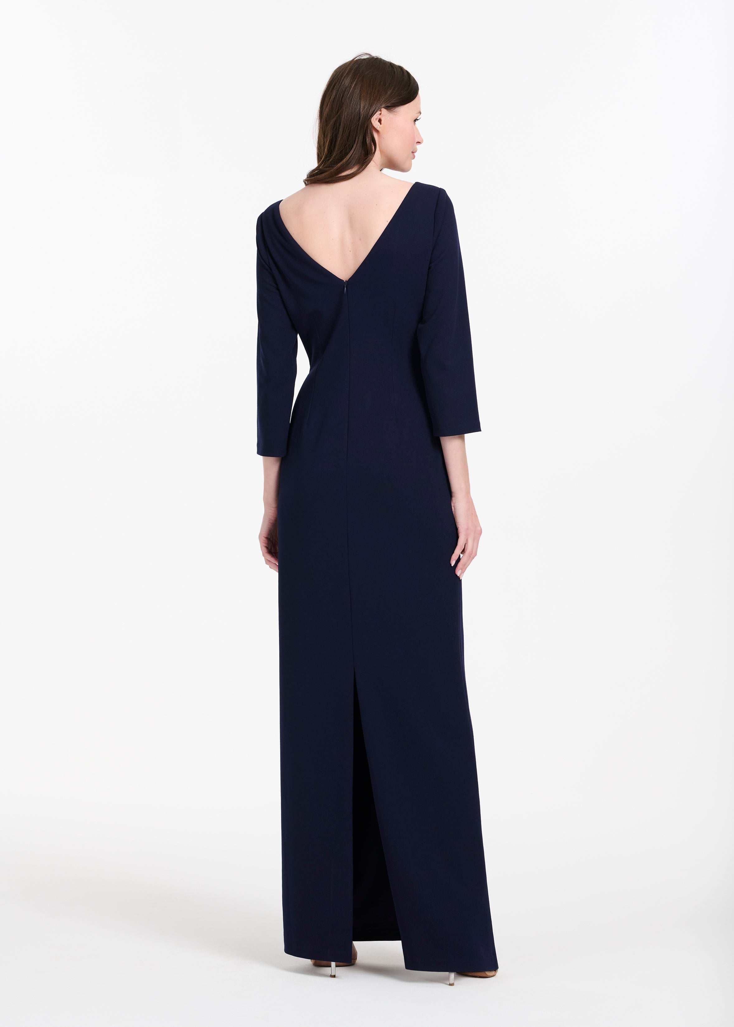 STRETCH CREPE 3/4 SLEEVE GOWN WITH ORGANZA APPLIQUE NAVY