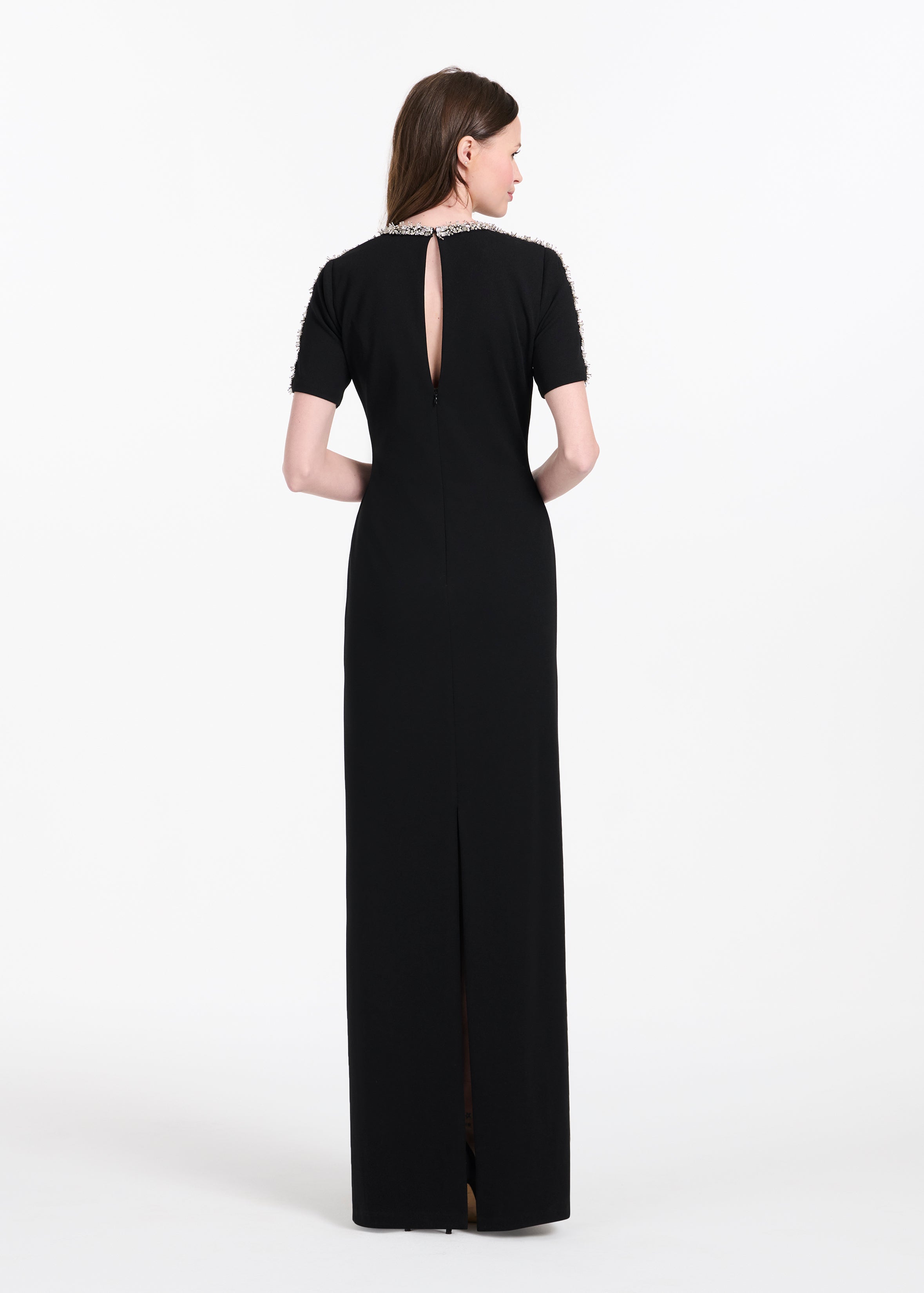STRETCH CREPE MOCK NECK GOWN WITH 3D CRYSTAL TRIM BLACK