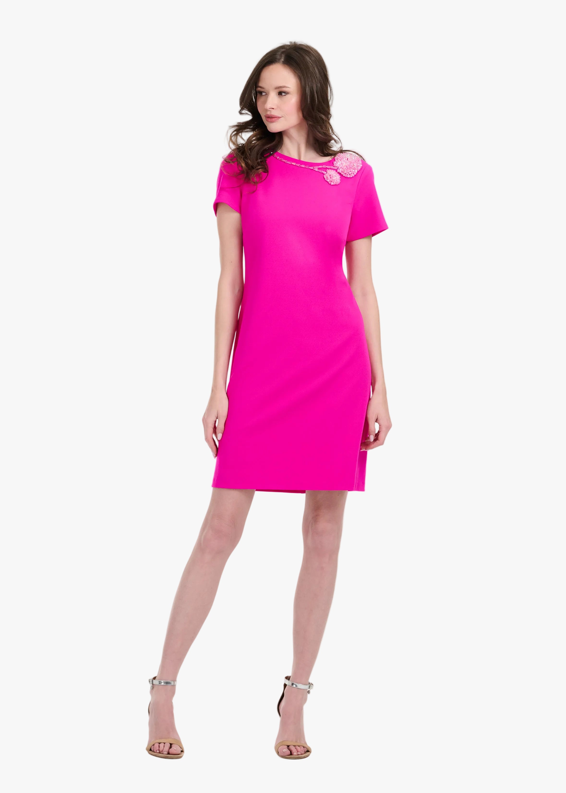 STRETCH CREPE SHORT SLEEVE COCKTAIL DRESS WITH CRYSTAL PEONY HOT PINK