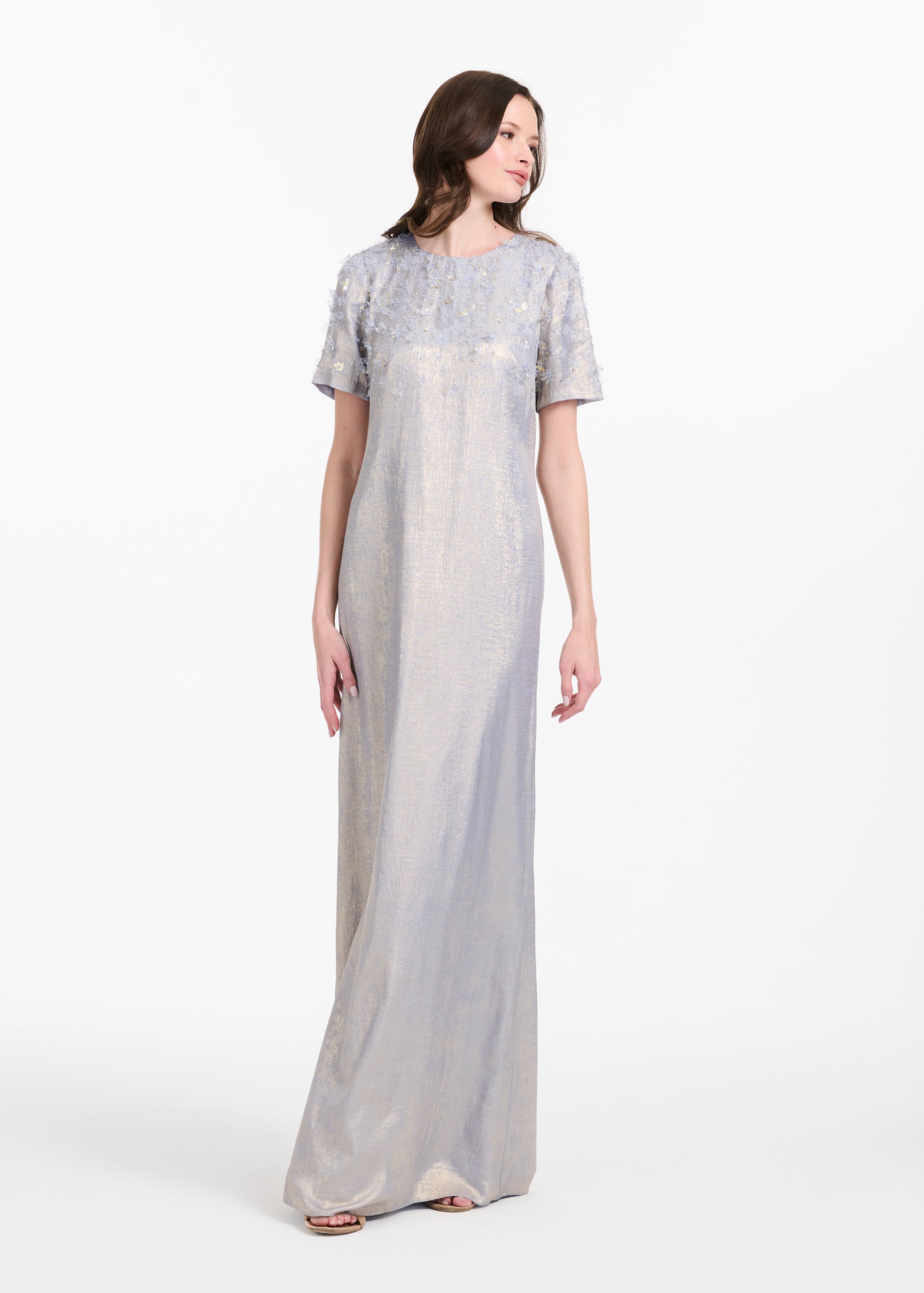 METALLIC CHIFFON DRESS WITH DELICATE ORGANZA FLOWERS