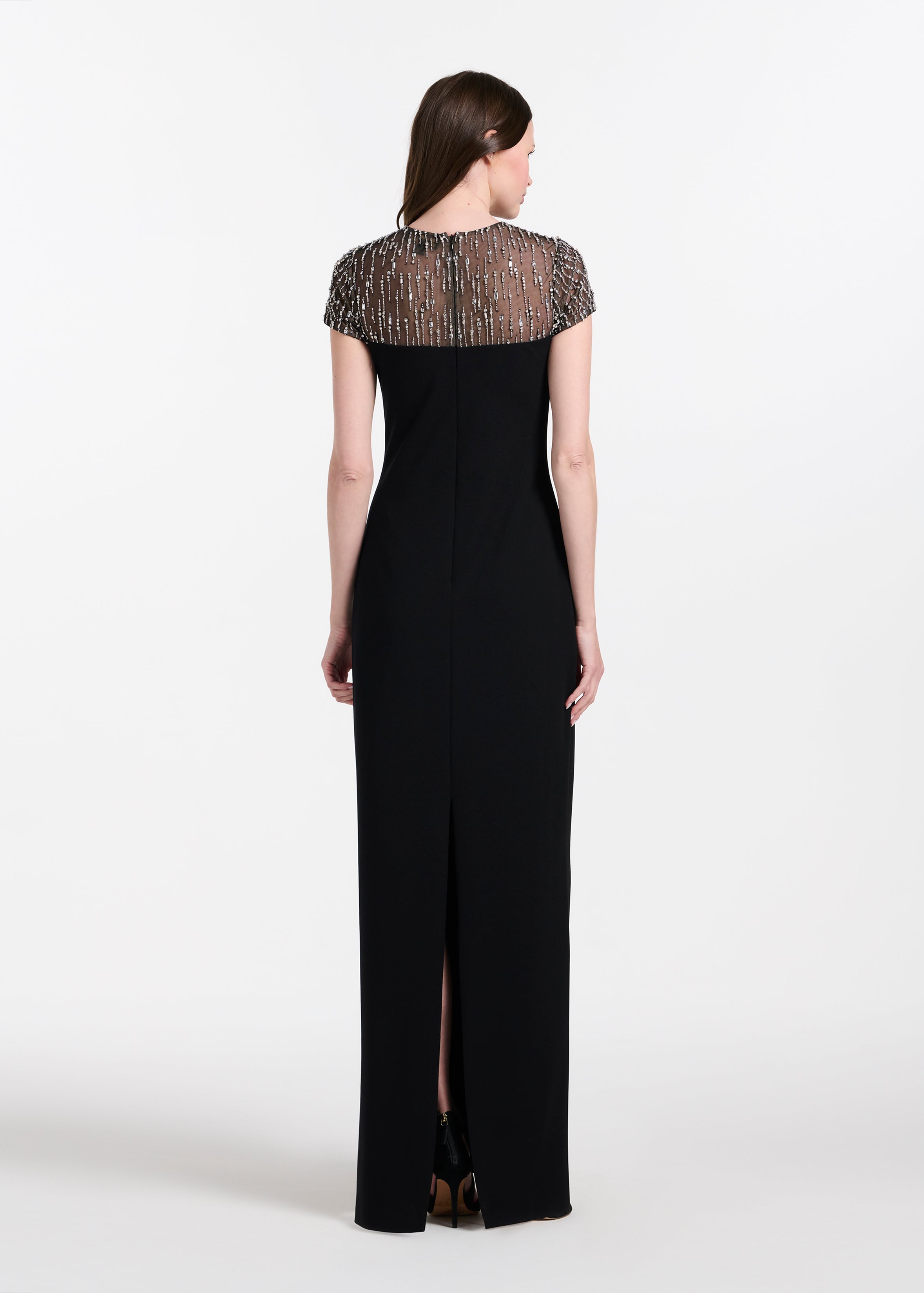 ILLUSION CRYSTAL STRETCH CREPE GOWN BLACK