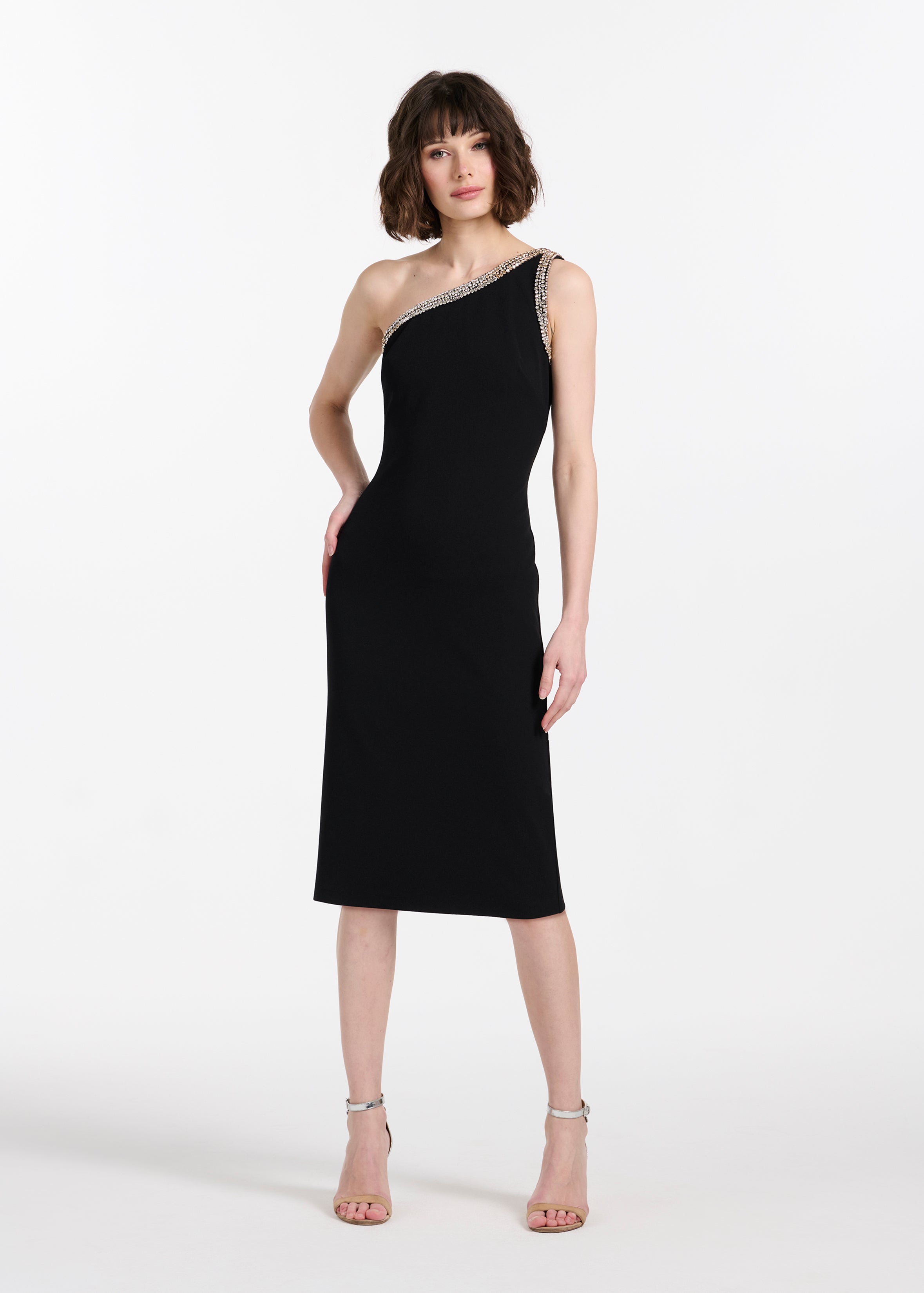 crepe bodycon dress Stretch Crystal One Shoulder Midi fitted bodycon silhouette