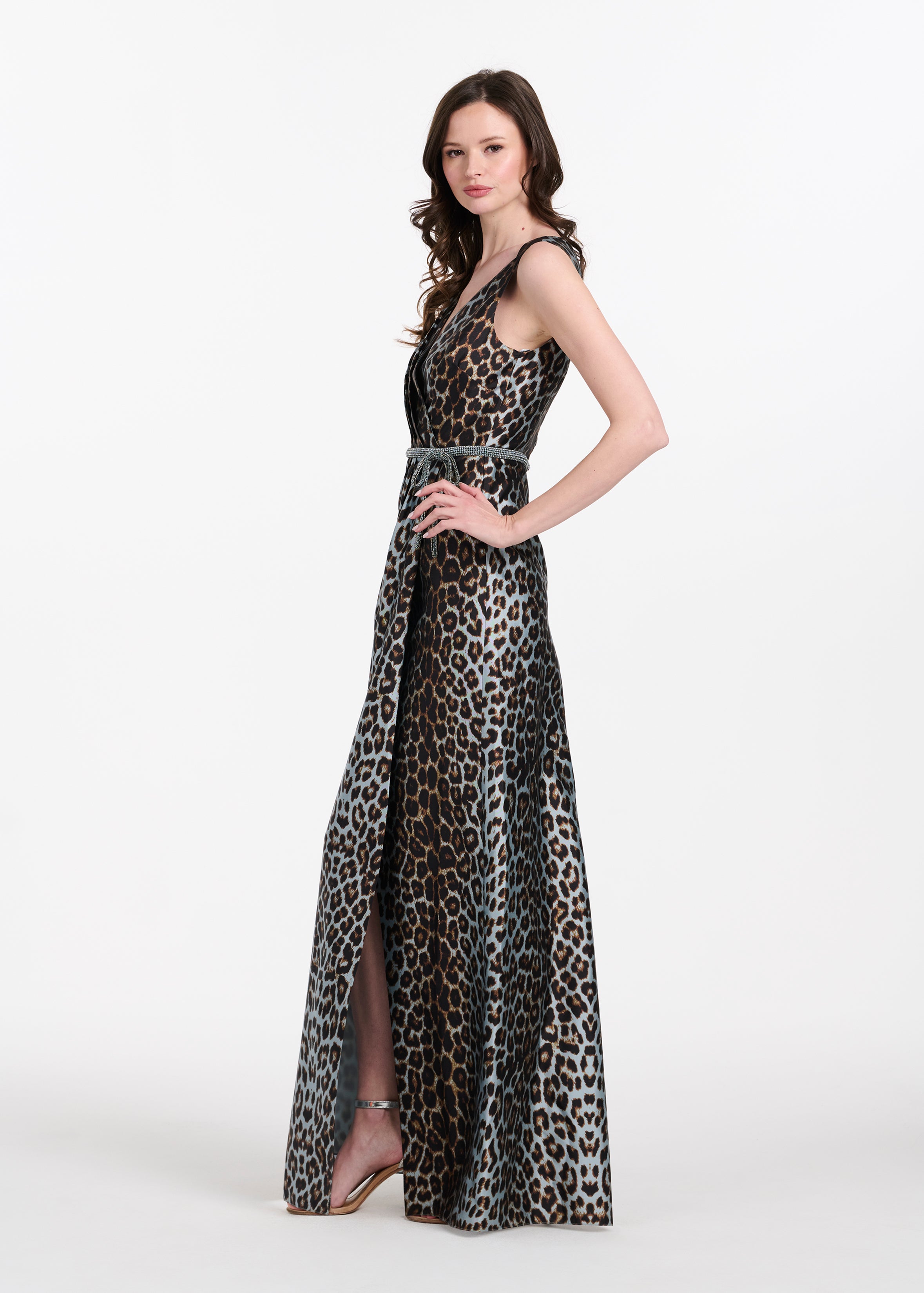 TAFFETA ANIMAL SURPLICE GOWN WITH CRYSTAL TRIM