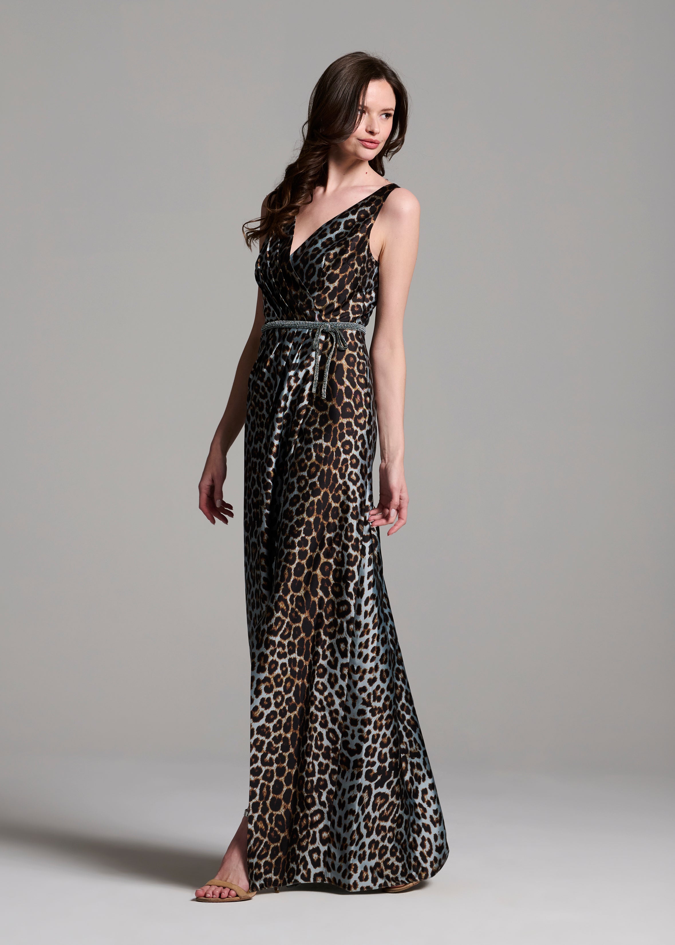 TAFFETA ANIMAL SURPLICE GOWN WITH CRYSTAL TRIM