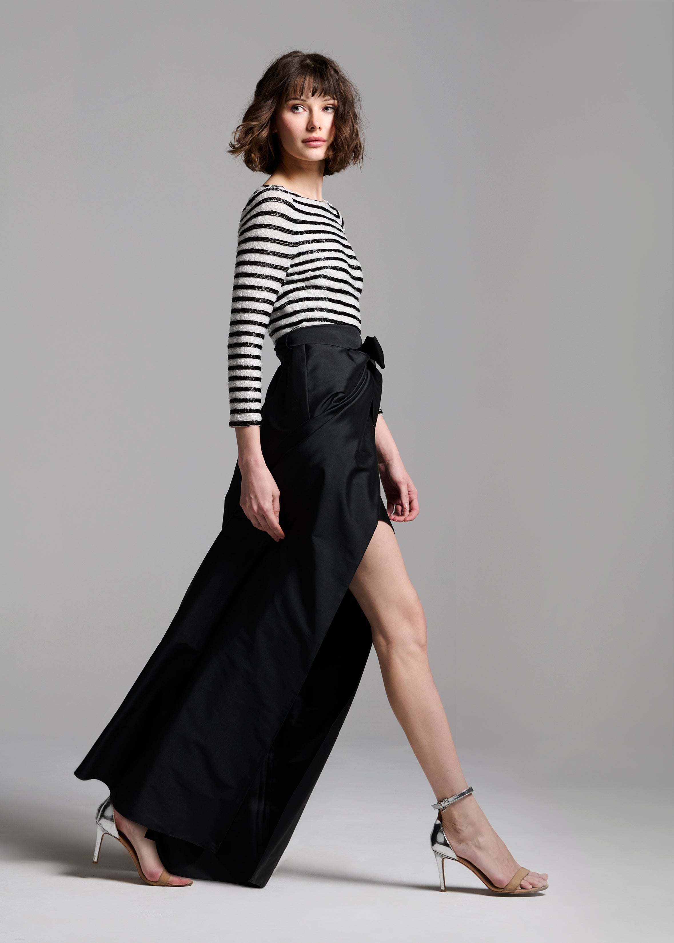 BEADED STRIPED GOWN WITH TAFFETA SKIRT