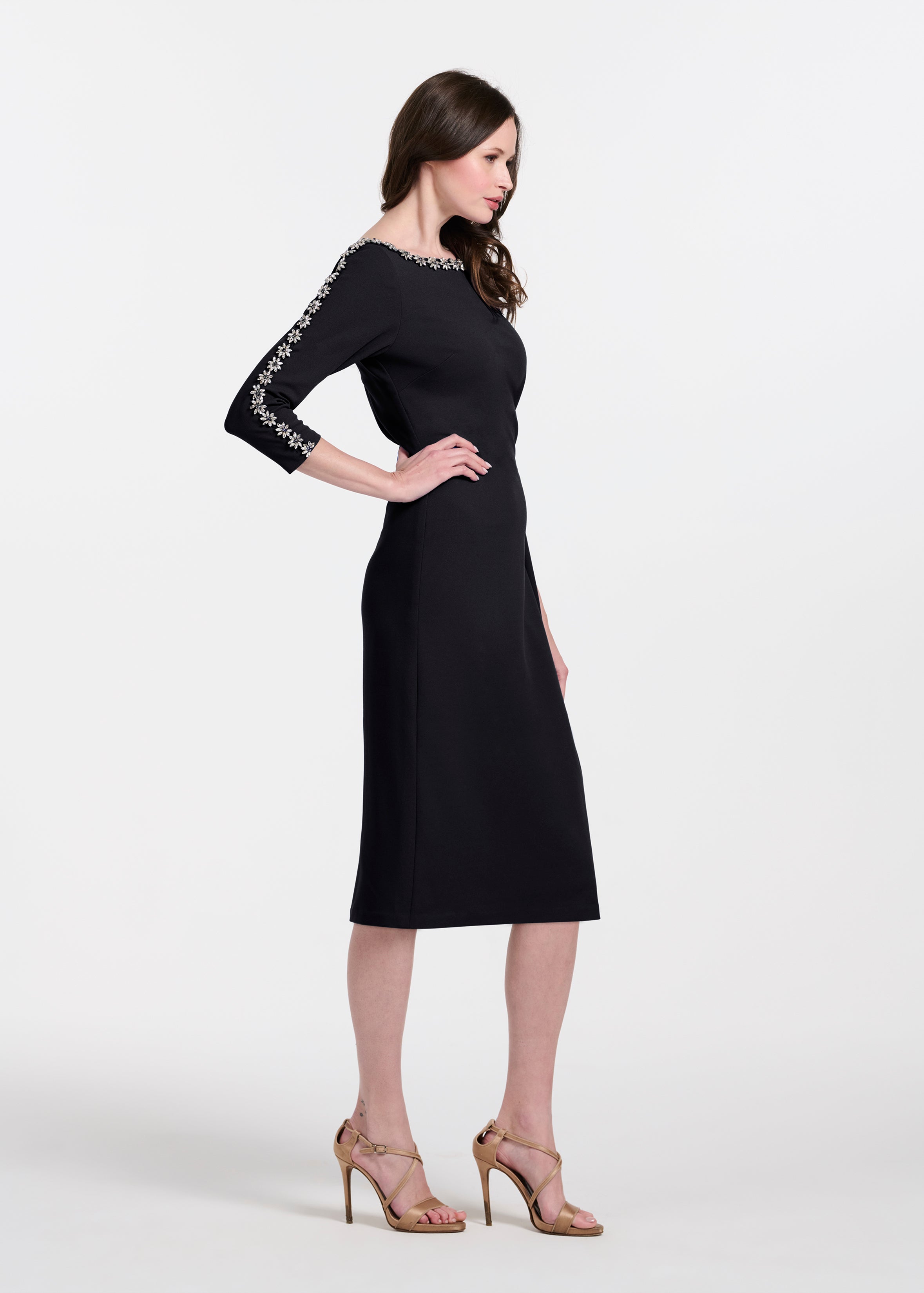 STRETCH CREPE MIDI WITH CRYSTAL FLOWERS BLACK