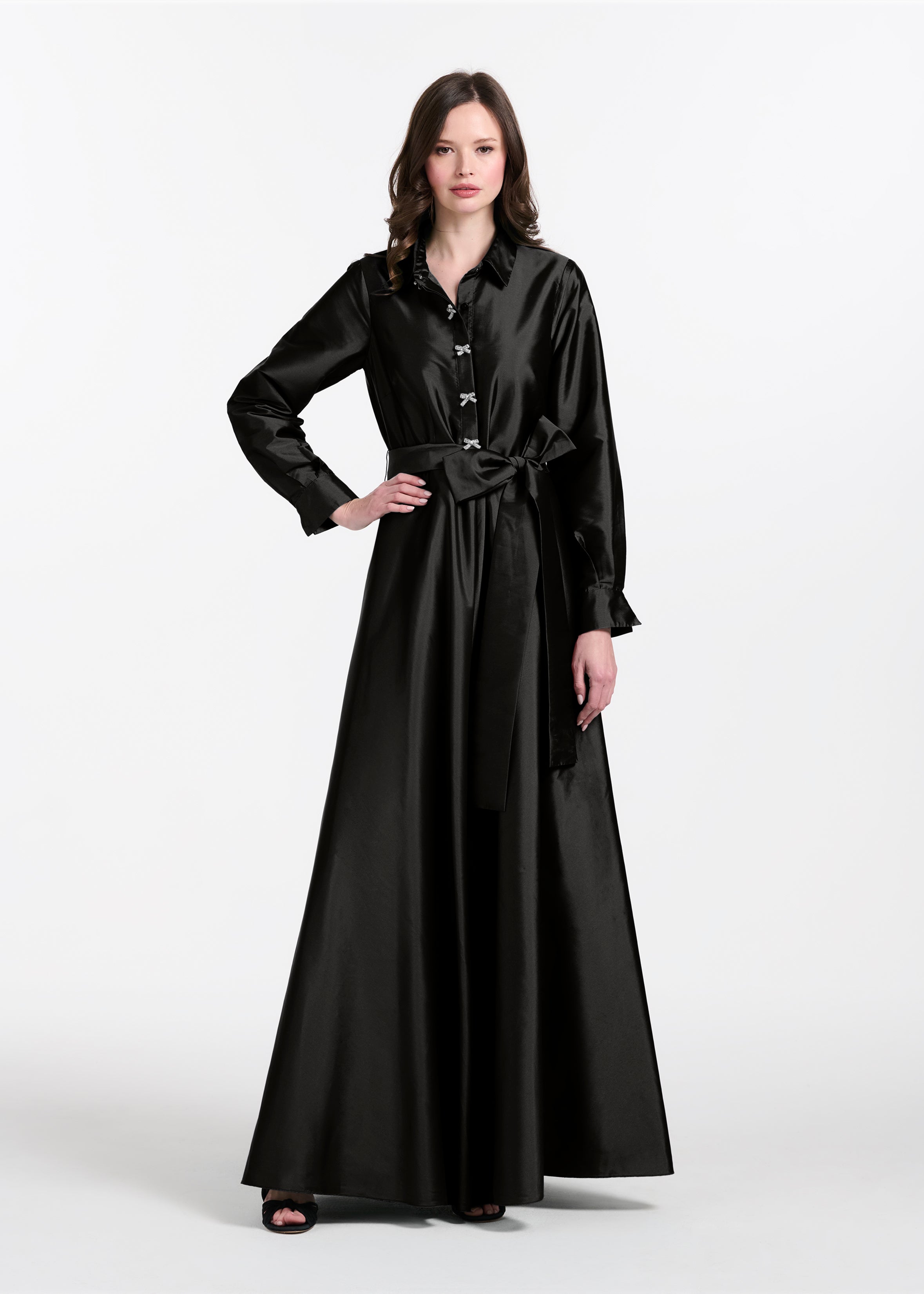 TAFFETA ALINE GOWN WITH CRYSTAL BUTTONS SILVER