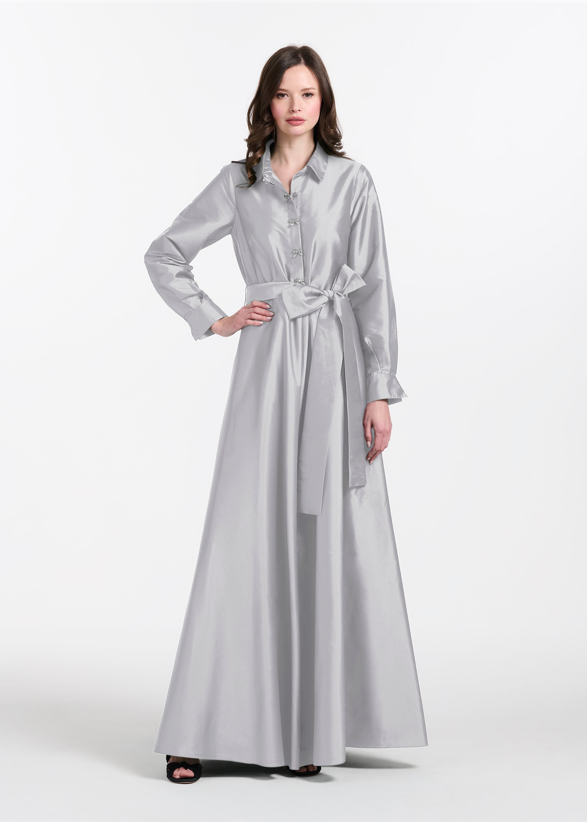 TAFFETA ALINE GOWN WITH CRYSTAL BUTTONS SILVER
