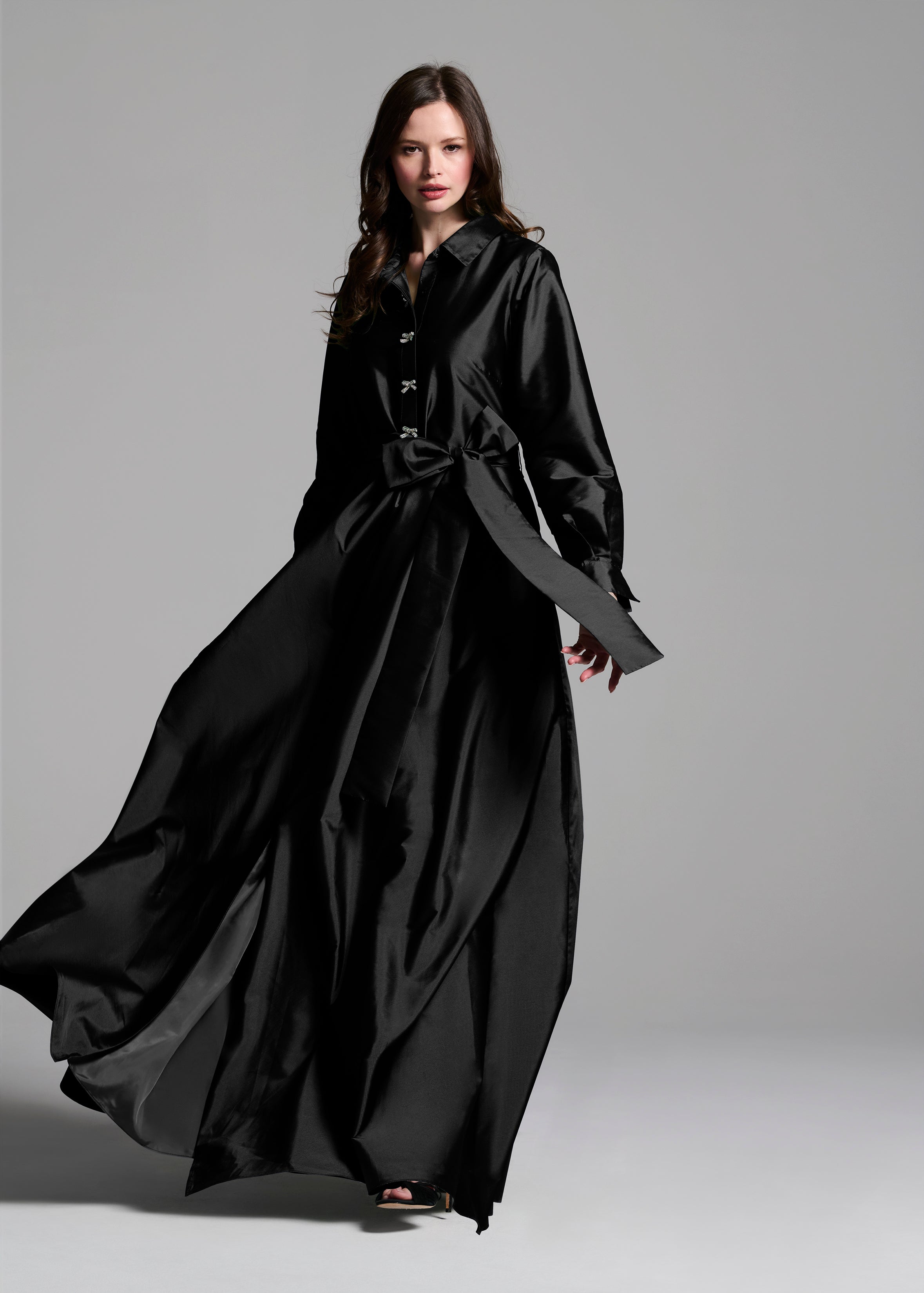 TAFFETA ALINE GOWN WITH CRYSTAL BUTTONS SILVER