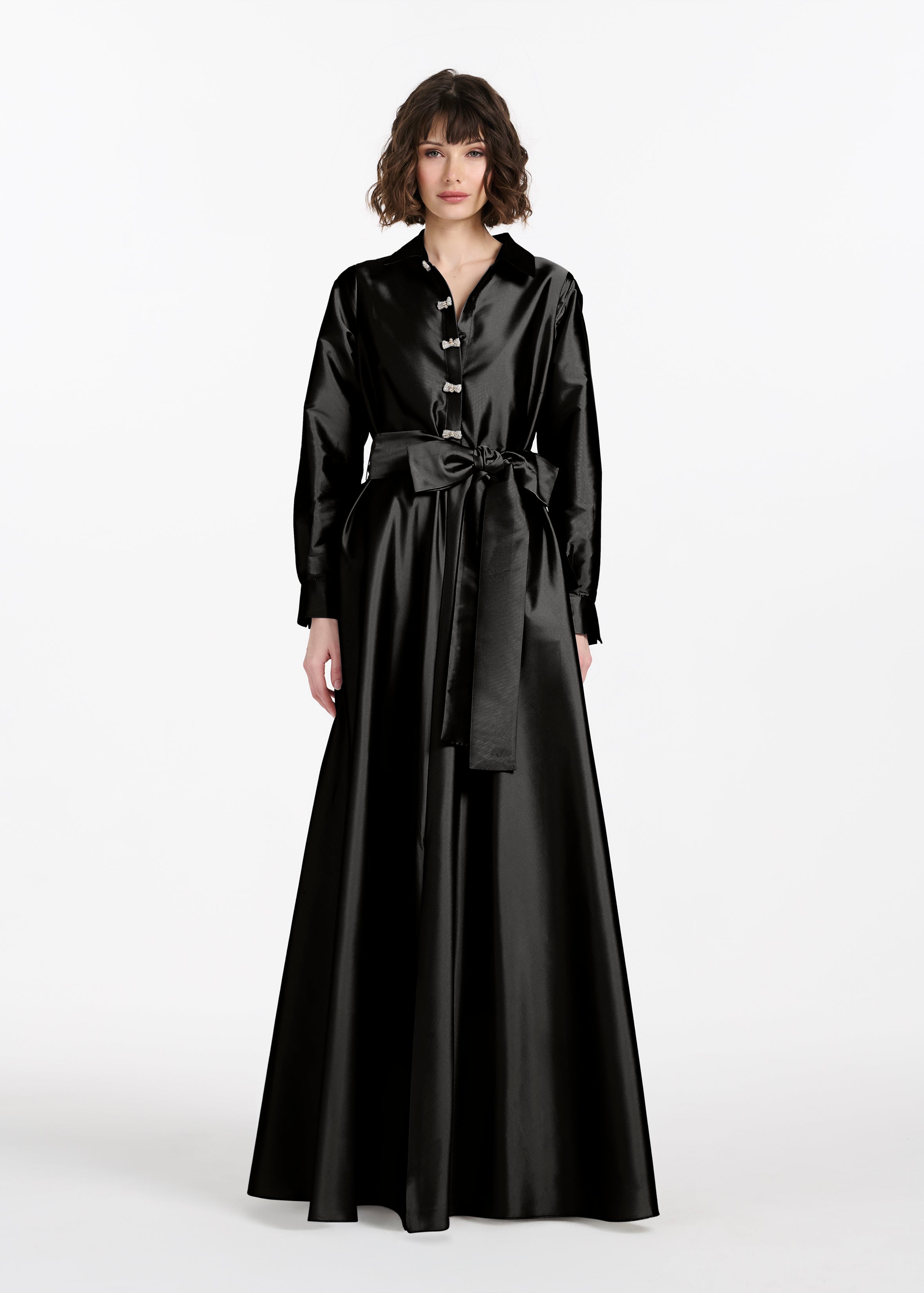 TAFFETA ALINE GOWN WITH CRYSTAL BUTTONS SILVER