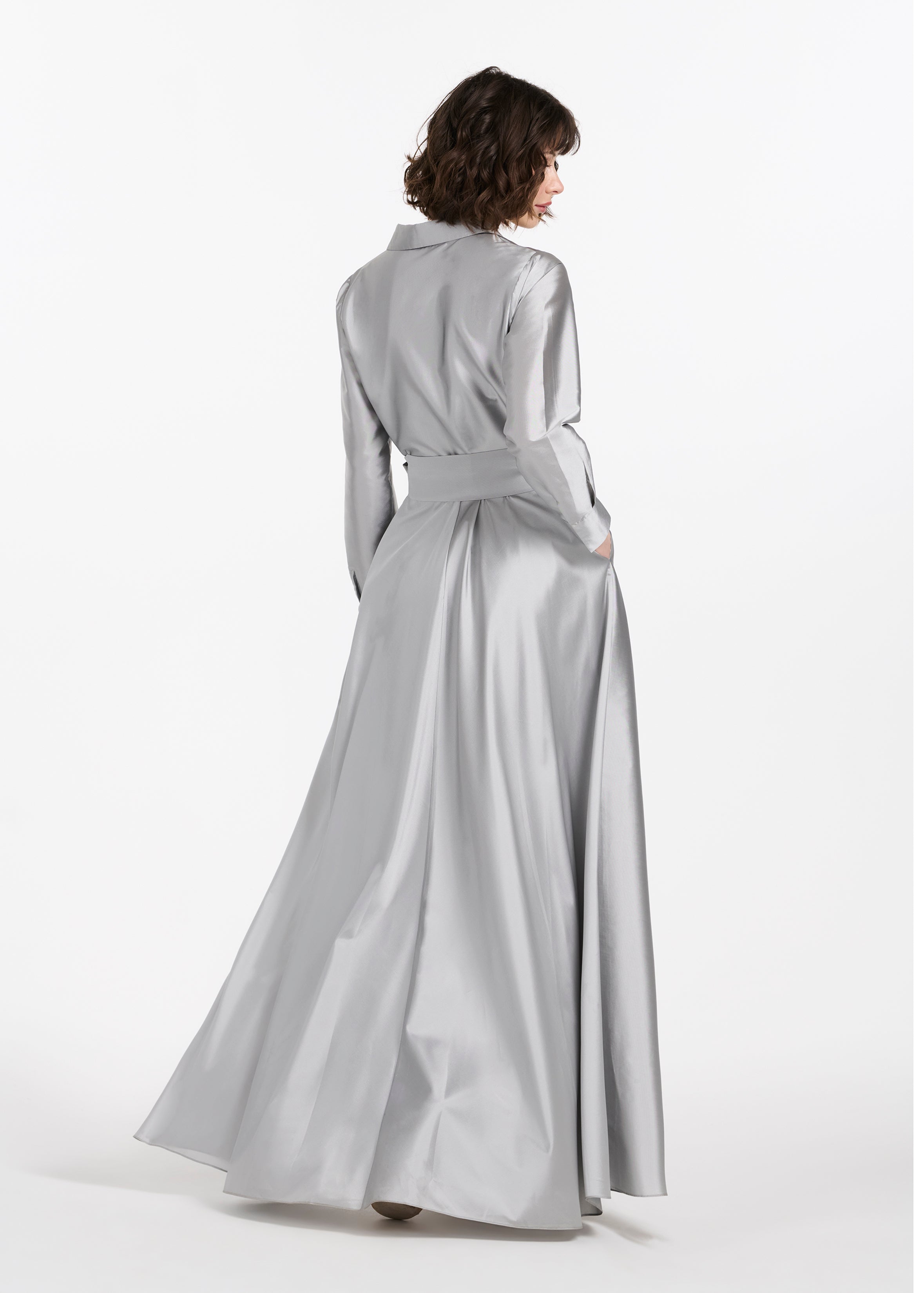 TAFFETA ALINE GOWN WITH CRYSTAL BUTTONS SILVER