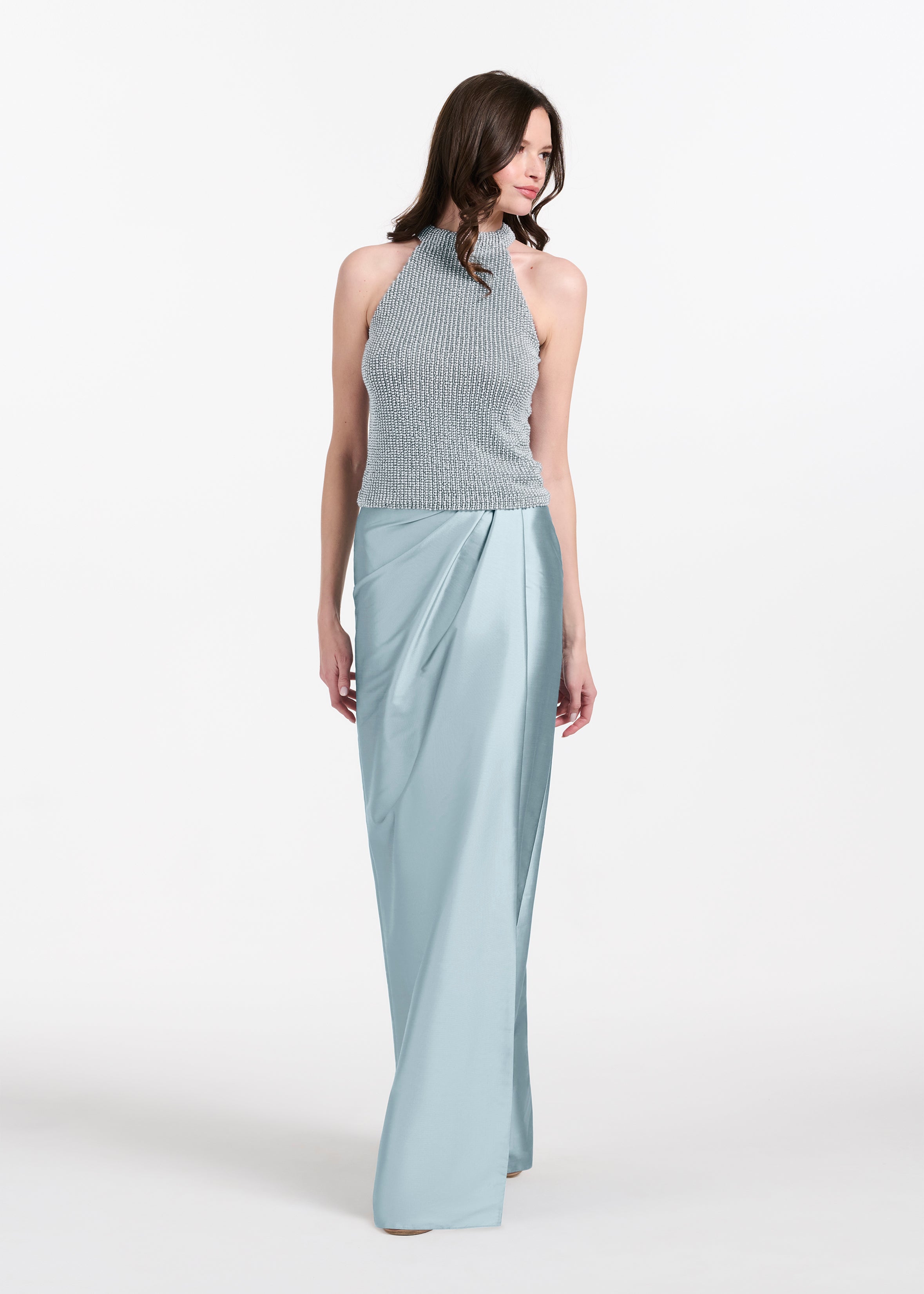 SOFT TAFFETA FAUX WRAP SKIRT LIGHT BLUE