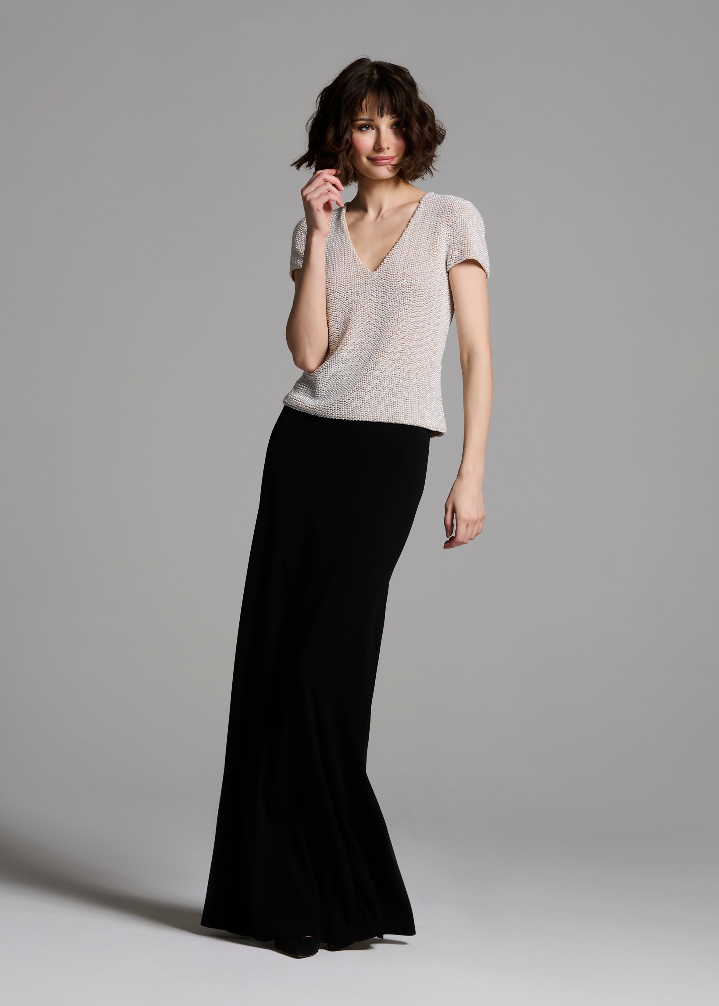 STRETCH PEARL BEADED V-NECK TOP IVORY PEARL