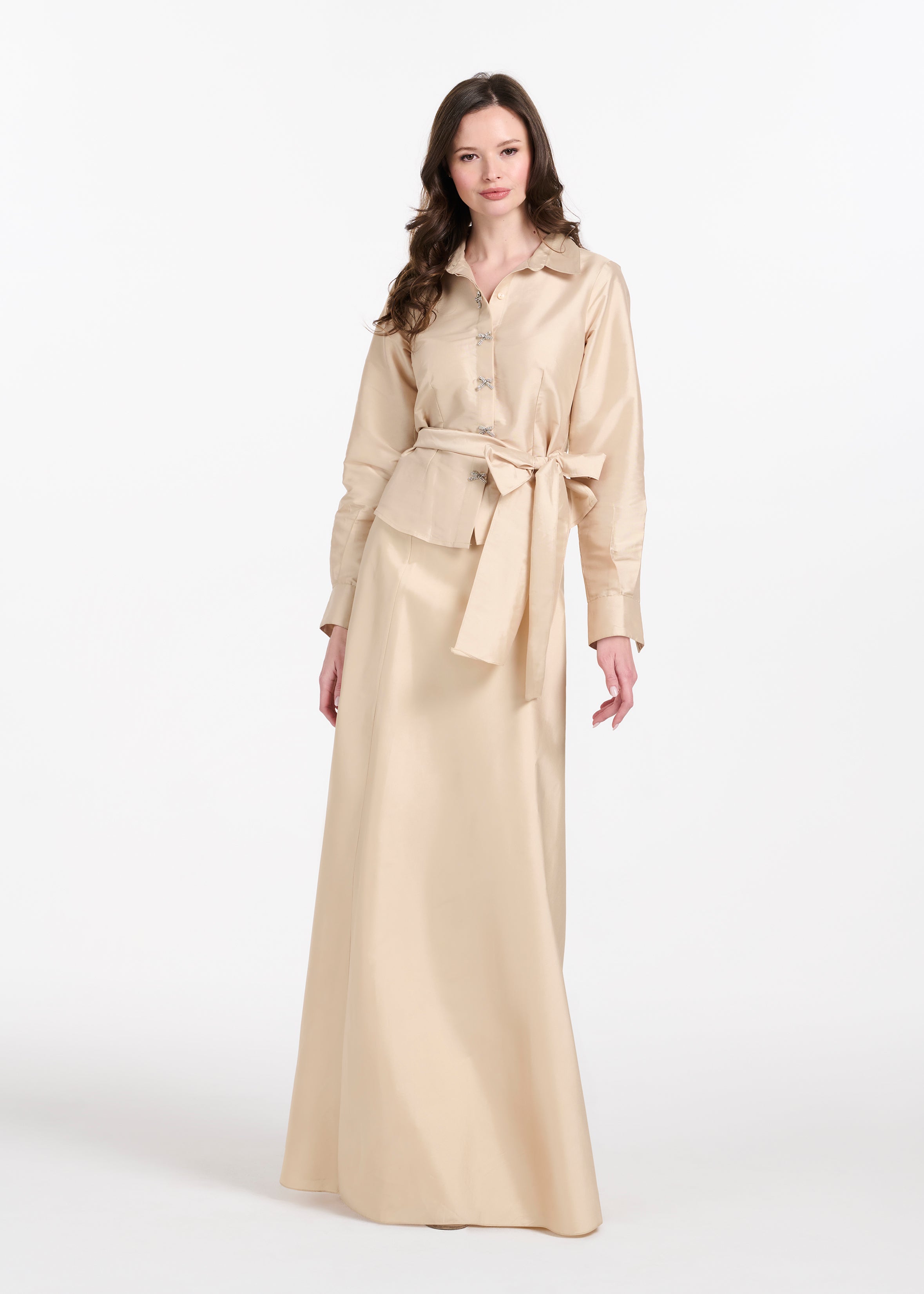 TAFFETA BLOUSE WITH CRYSTAL BOW BUTTONS AND SASH CHAMPAGNE
