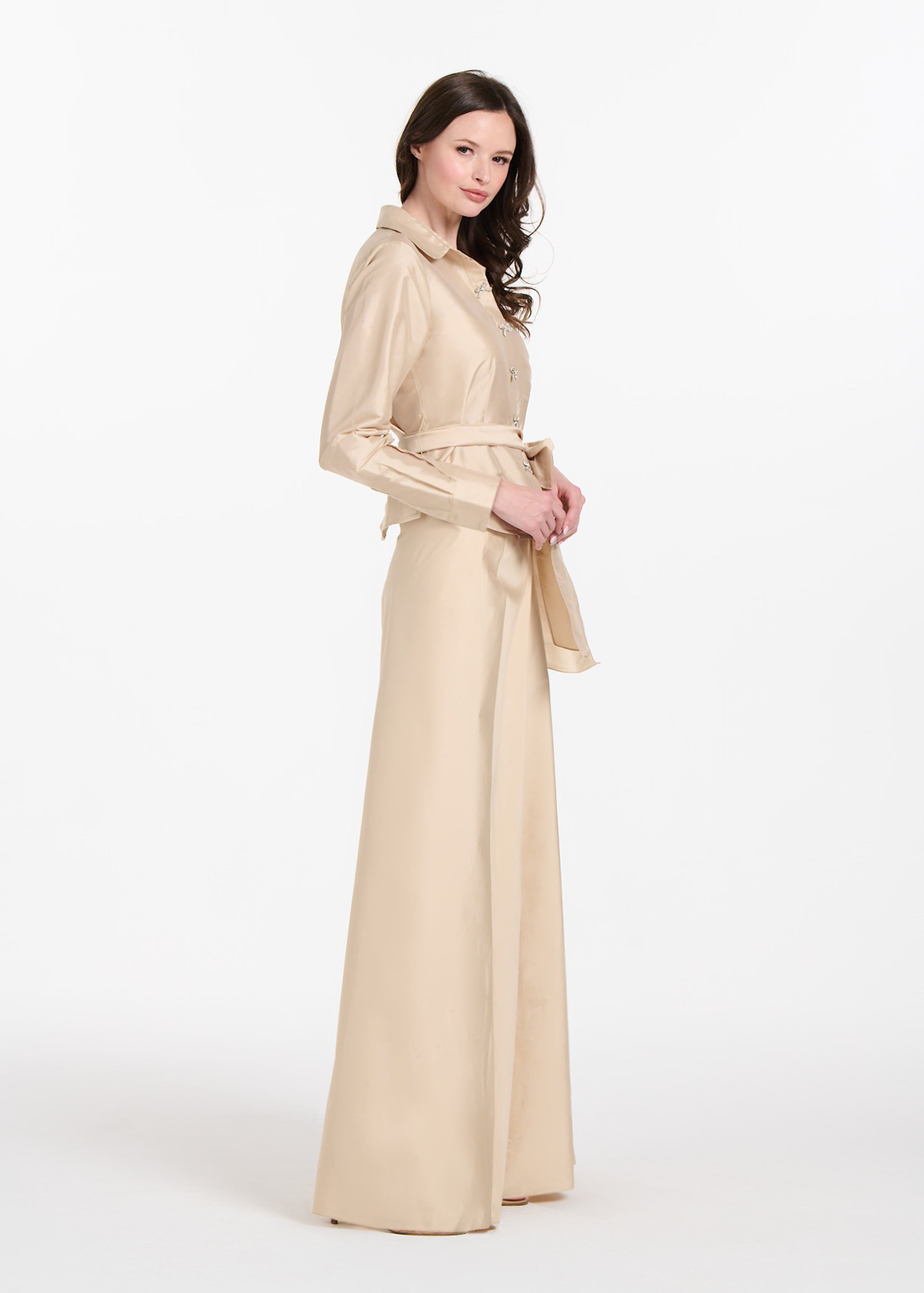 TAFFETA BLOUSE WITH CRYSTAL BOW BUTTONS AND SASH CHAMPAGNE