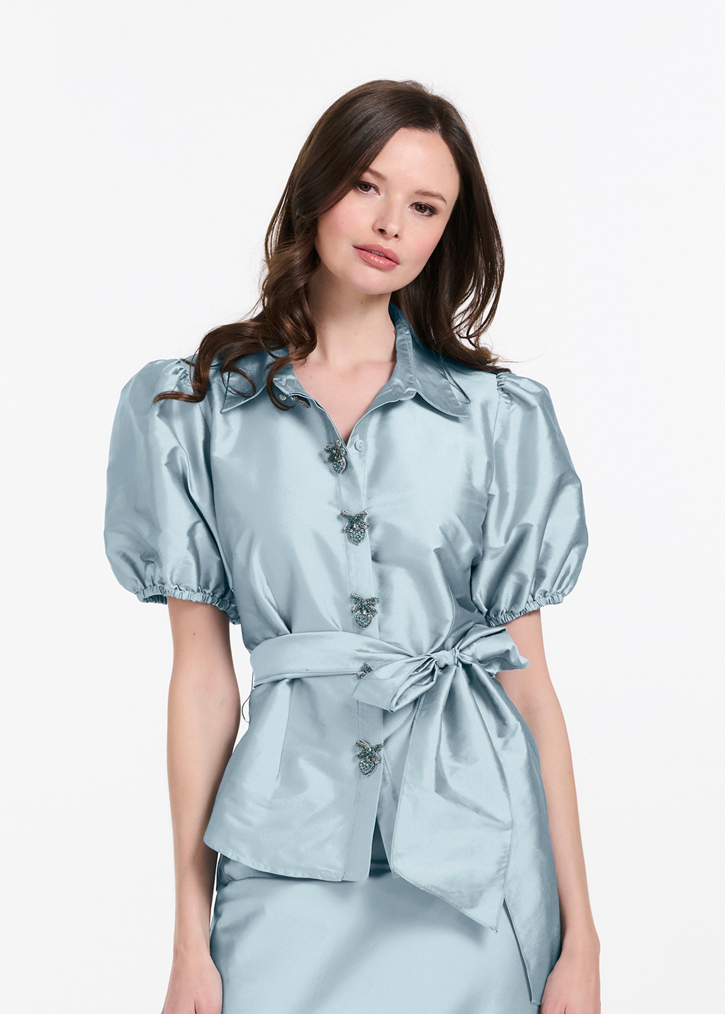 TAFFETA PUFF SLEEVE BLOUSE WITH CRYSTAL LOCKET HEART BUTTONS LIGHT BLUE
