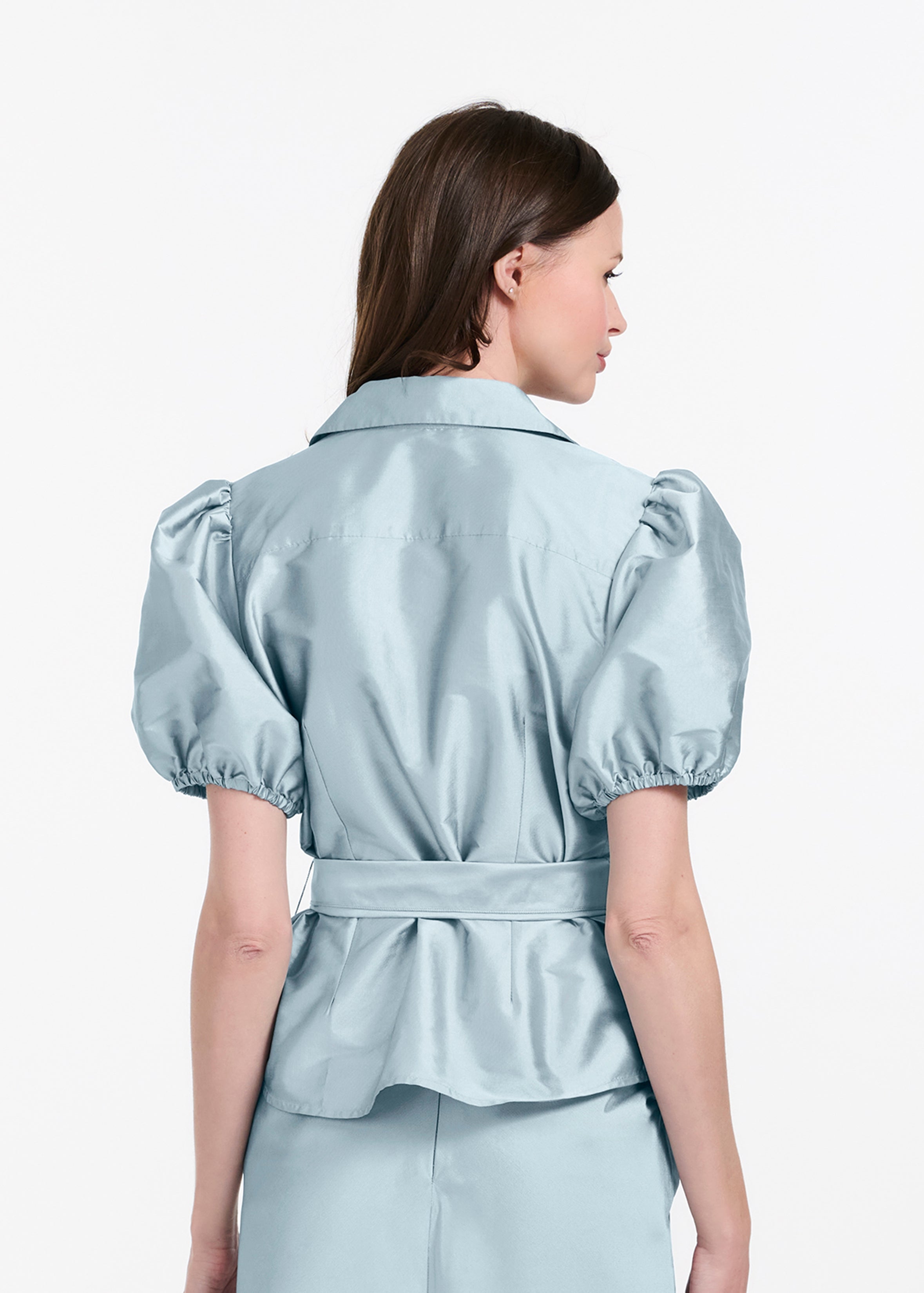 TAFFETA PUFF SLEEVE BLOUSE WITH CRYSTAL LOCKET HEART BUTTONS LIGHT BLUE