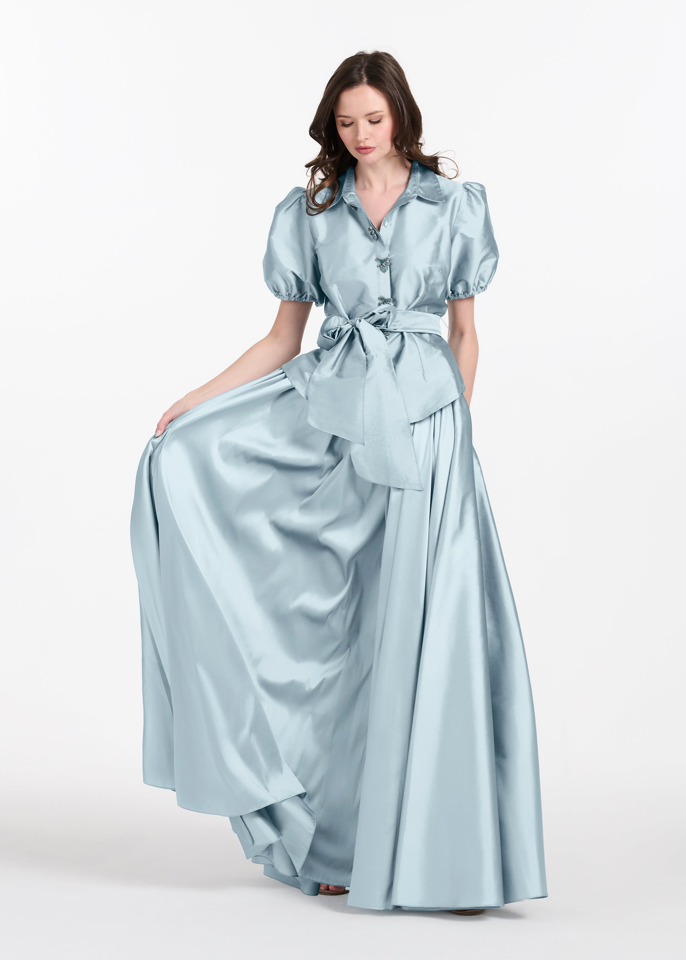 TAFFETA PUFF SLEEVE BLOUSE WITH CRYSTAL LOCKET HEART BUTTONS LIGHT BLUE