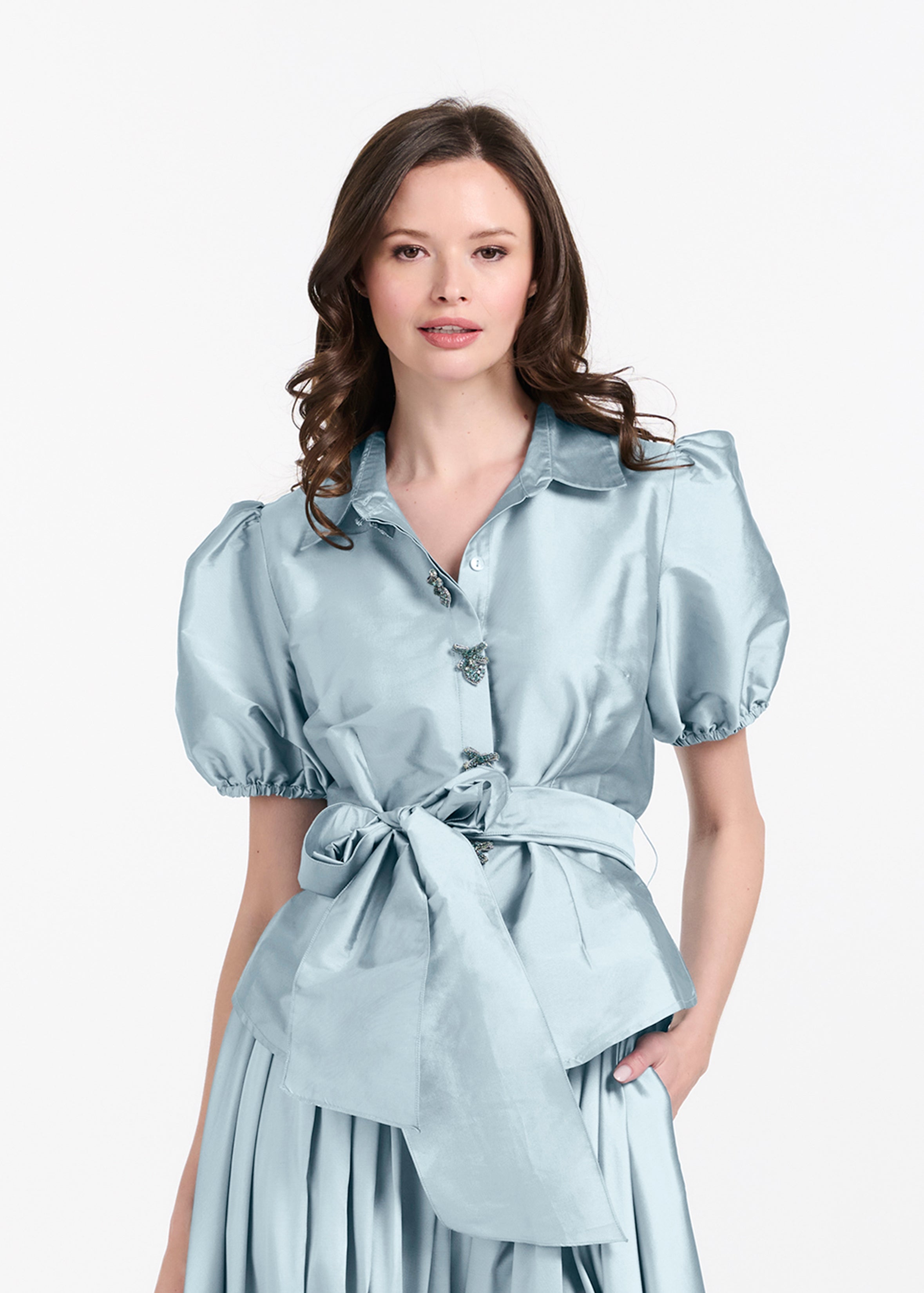TAFFETA PUFF SLEEVE BLOUSE WITH CRYSTAL LOCKET HEART BUTTONS LIGHT