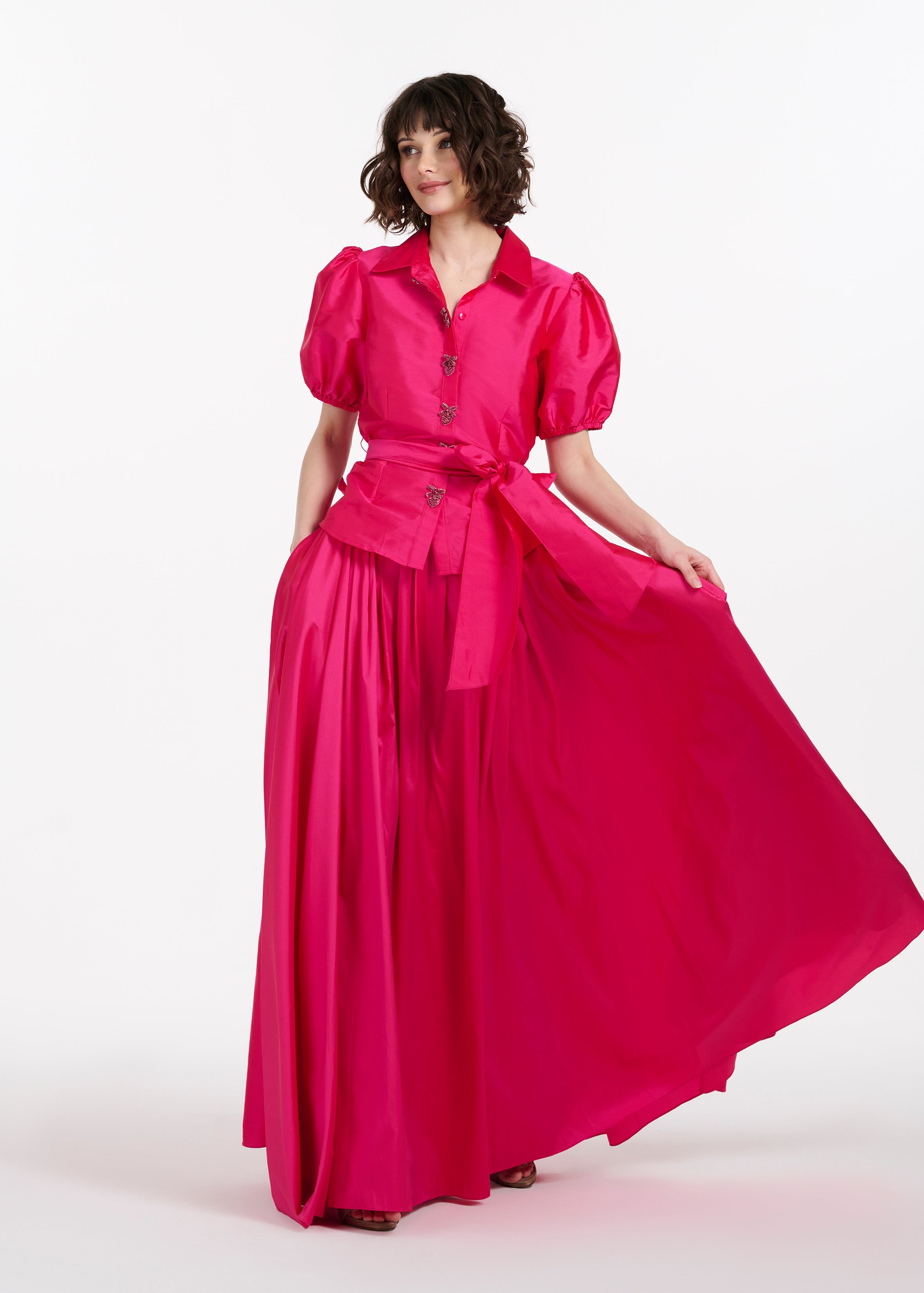 TAFFETA PUFF SLEEVE BLOUSE WITH CRYSTAL BOW HEART BUTTONS WATERMELON