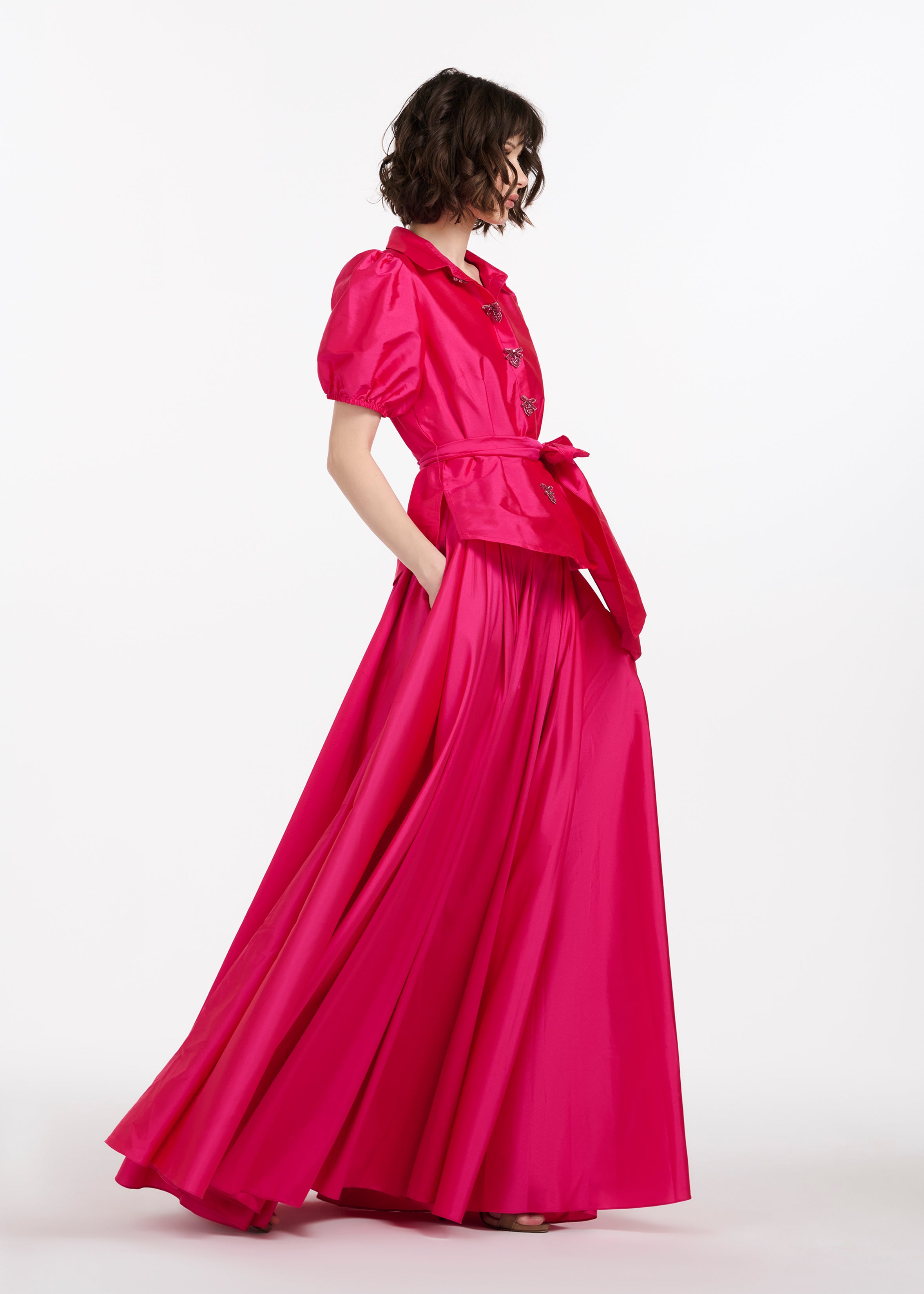 TAFFETA PUFF SLEEVE BLOUSE WITH CRYSTAL BOW HEART BUTTONS WATERMELON