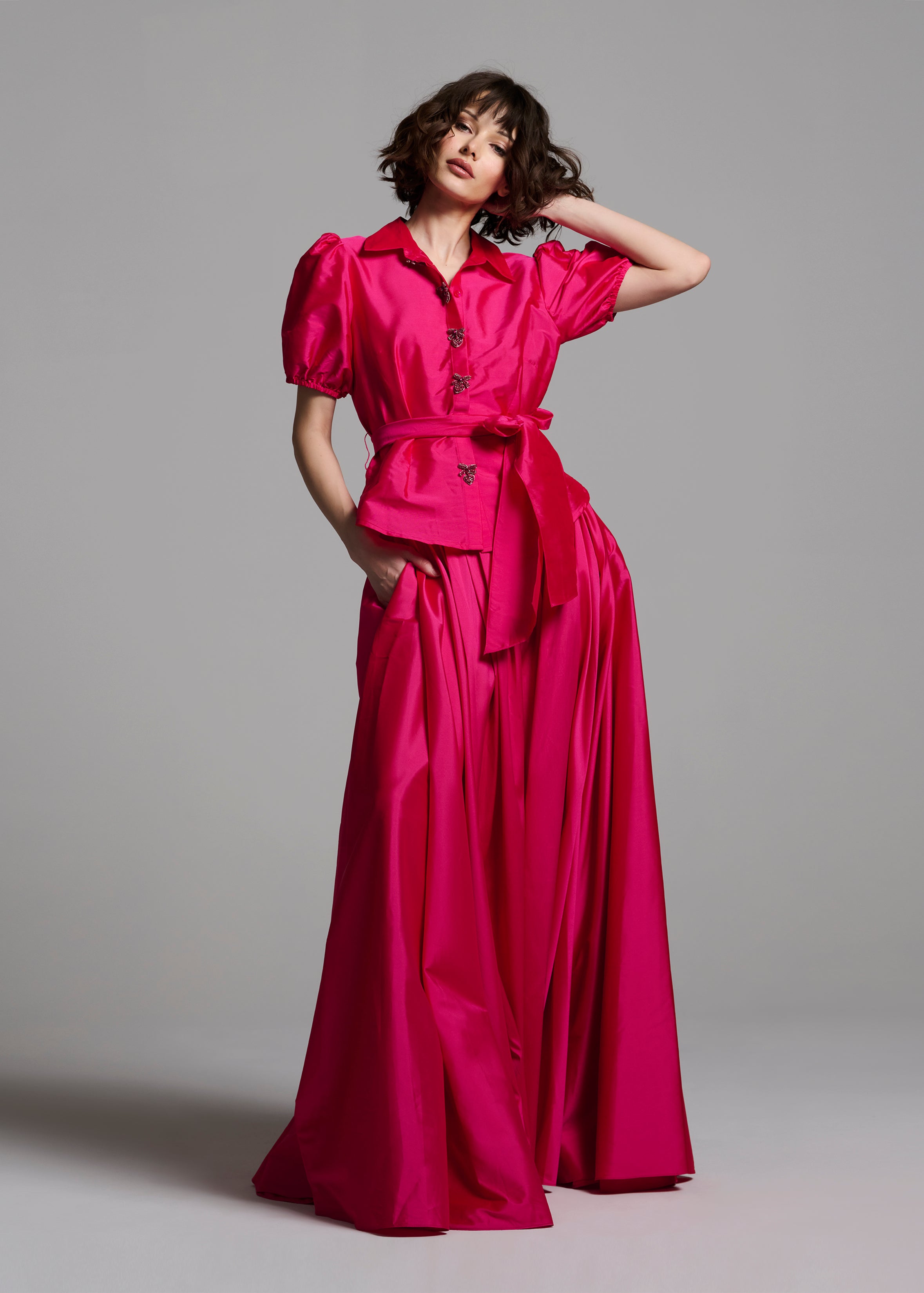 TAFFETA PUFF SLEEVE BLOUSE WITH CRYSTAL BOW HEART BUTTONS WATERMELON