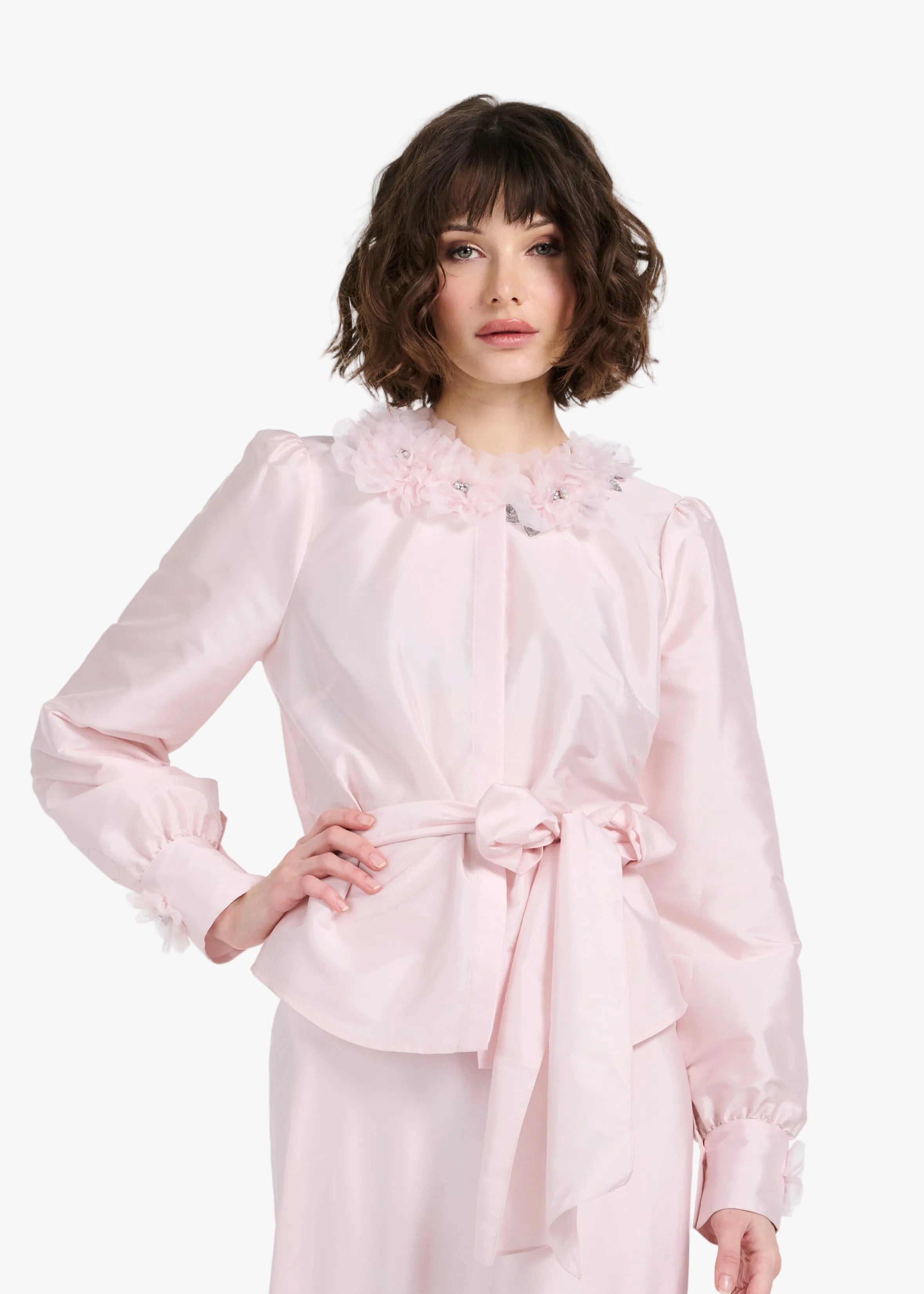 FLORAL COLLAR TAFFETA BLOUSE BLUSH | Emily Shalant