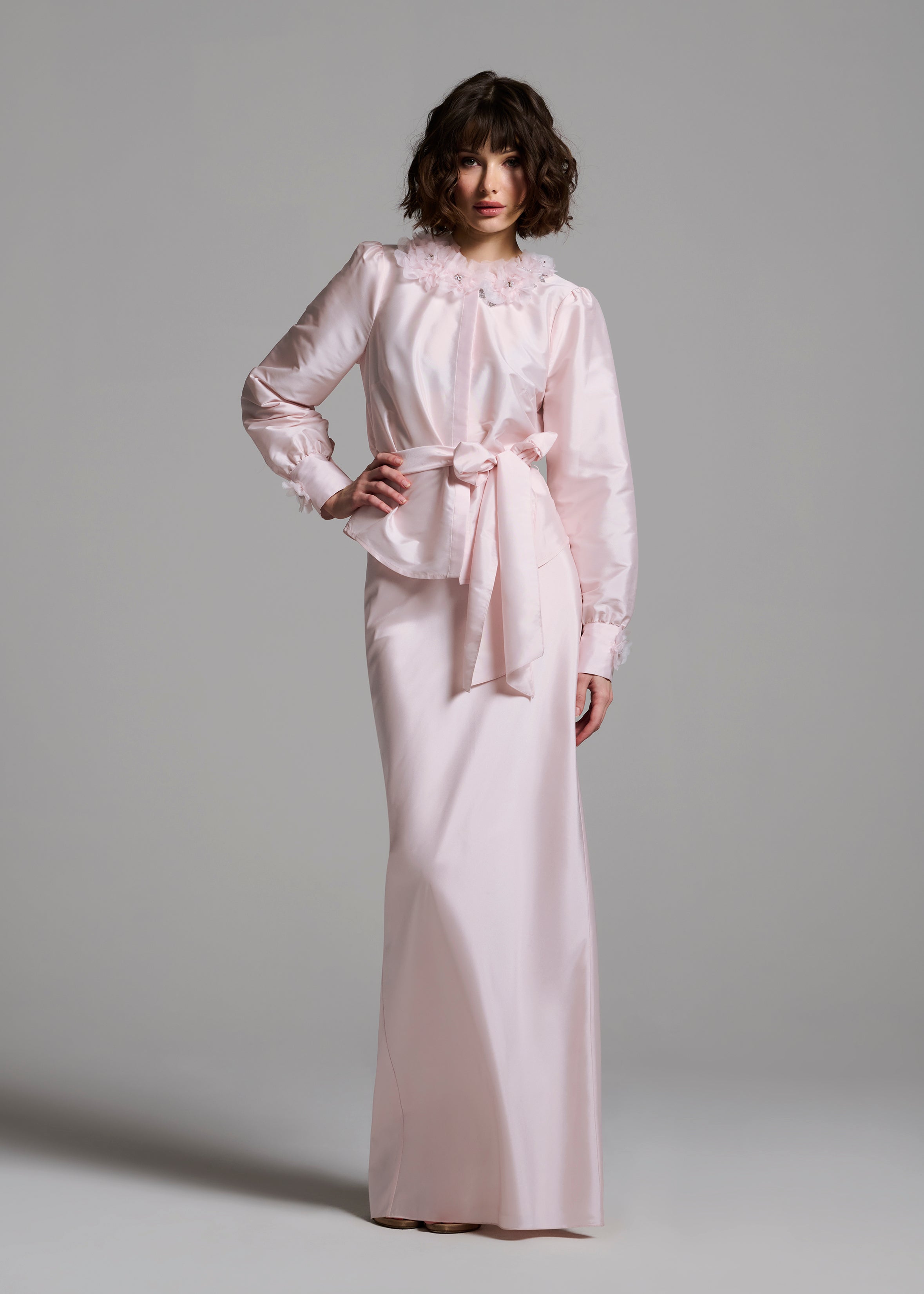 FLORAL COLLAR TAFFETA BLOUSE BLUSH