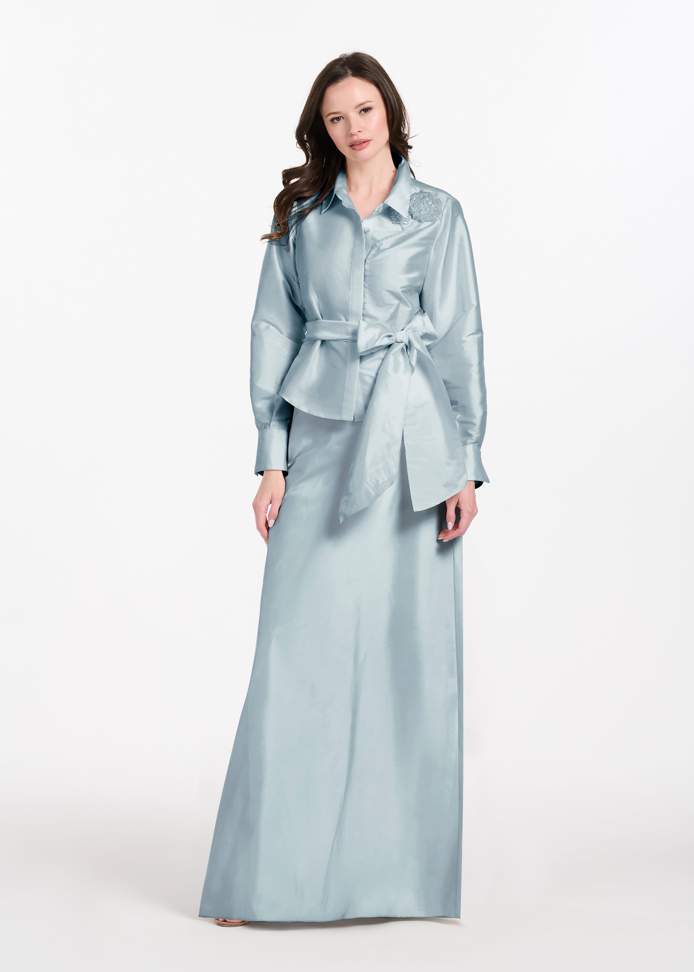 TAFFETA BLOUSE WITH CRYSTAL PEONY LIGHT BLUE