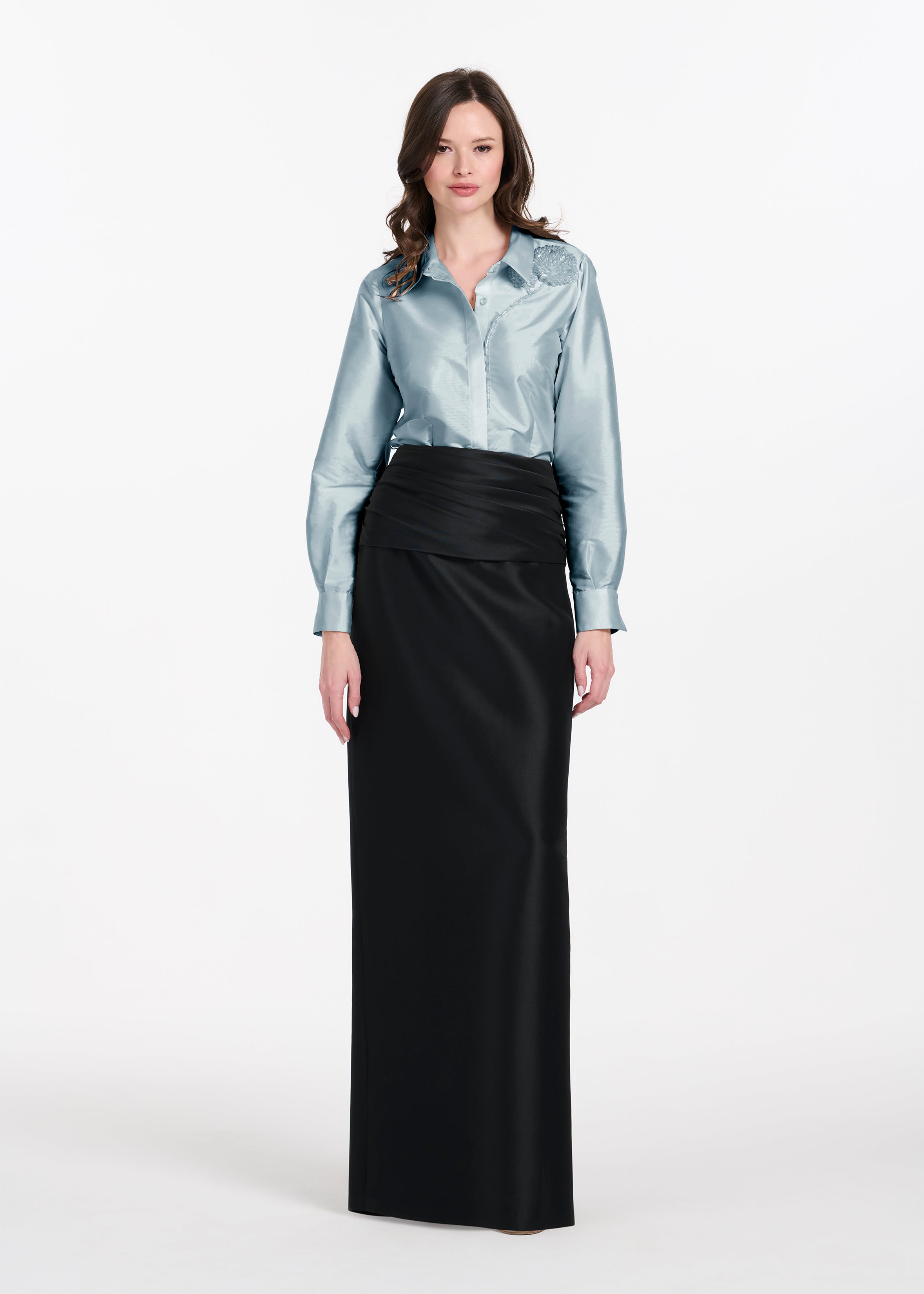 TAFFETA BLOUSE WITH CRYSTAL PEONY LIGHT BLUE
