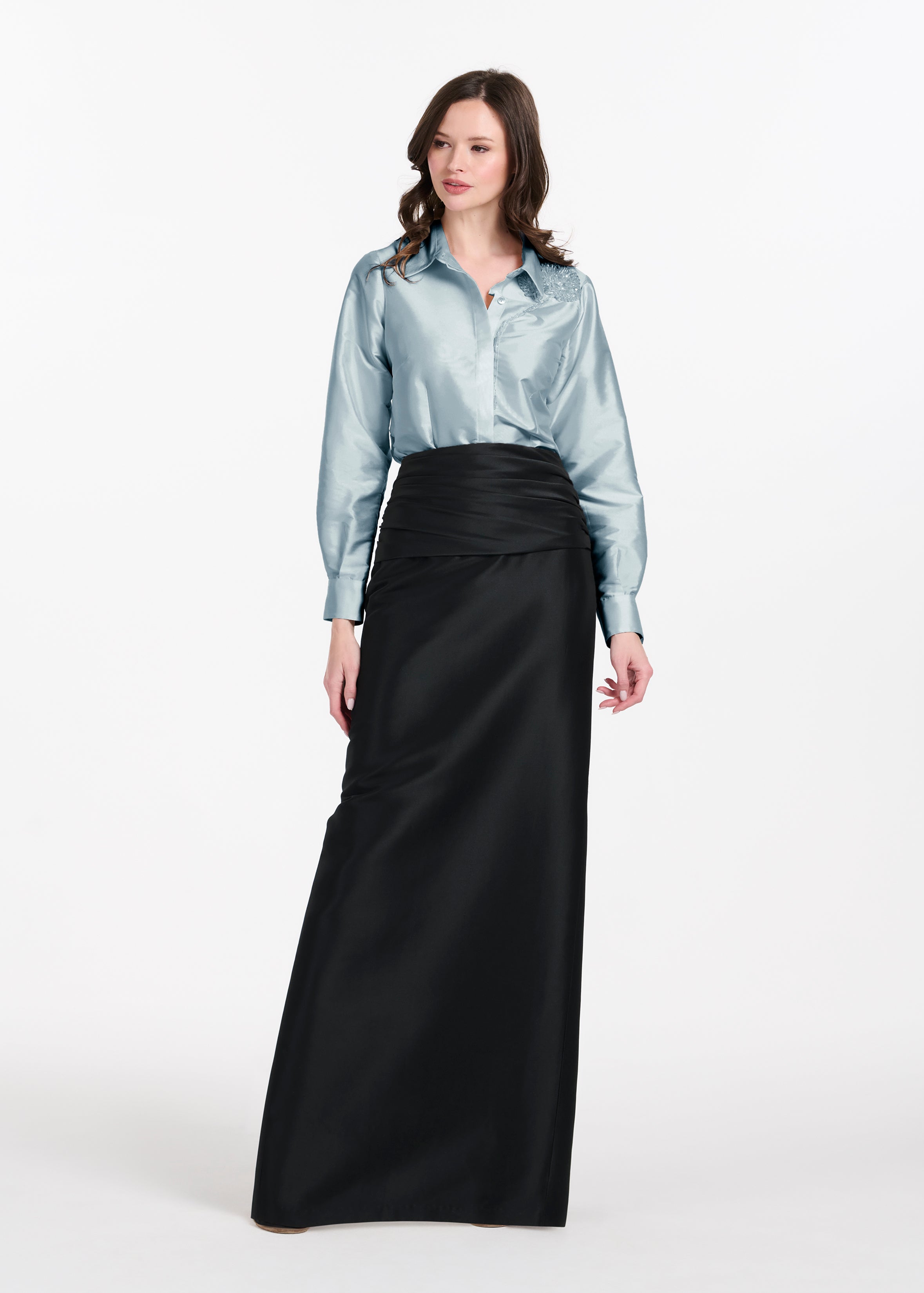 TAFFETA BLOUSE WITH CRYSTAL PEONY LIGHT BLUE