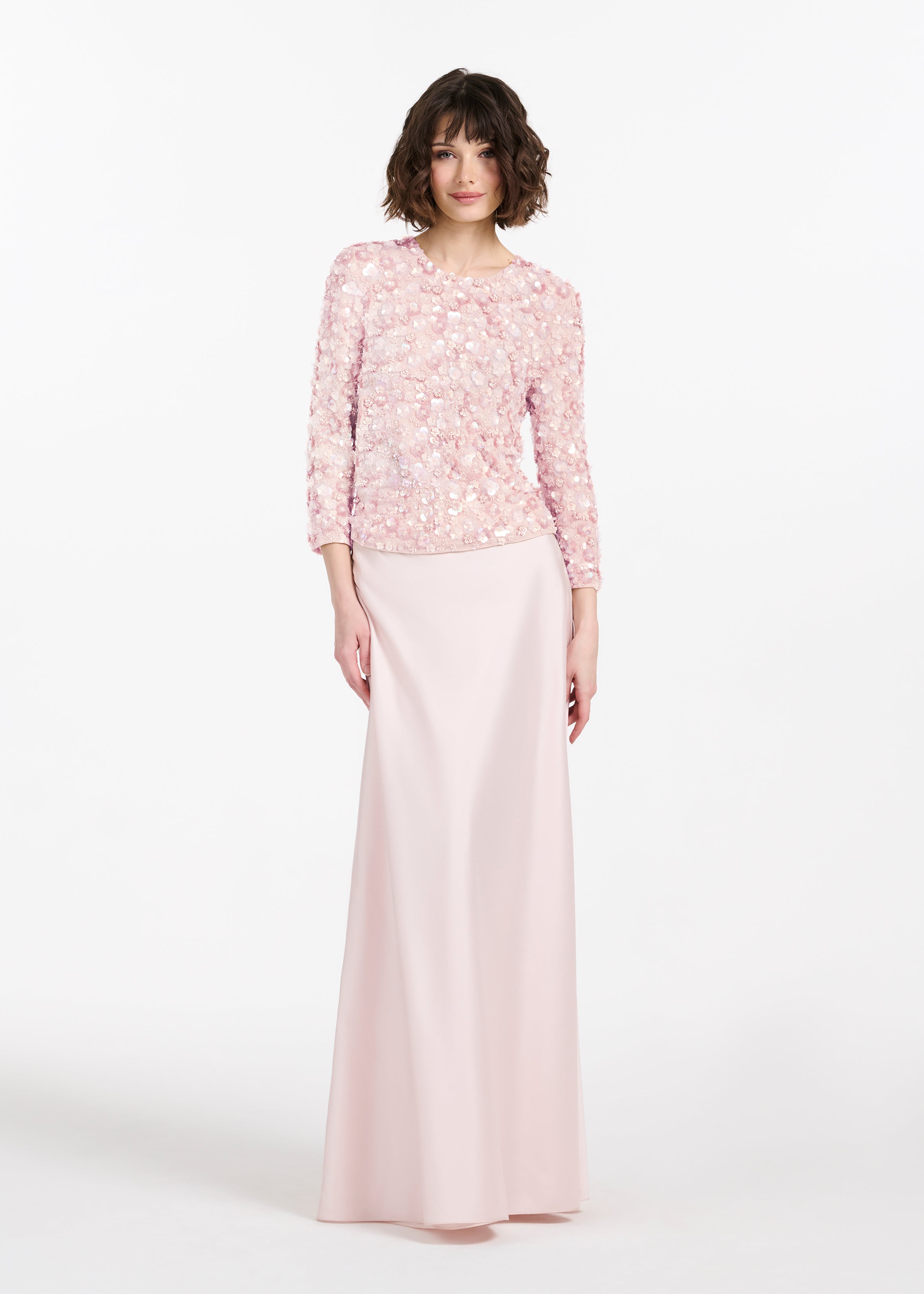 FLORAL 3/4 SLEEVE HAND BEADED PAILETTE TOP BLUSH