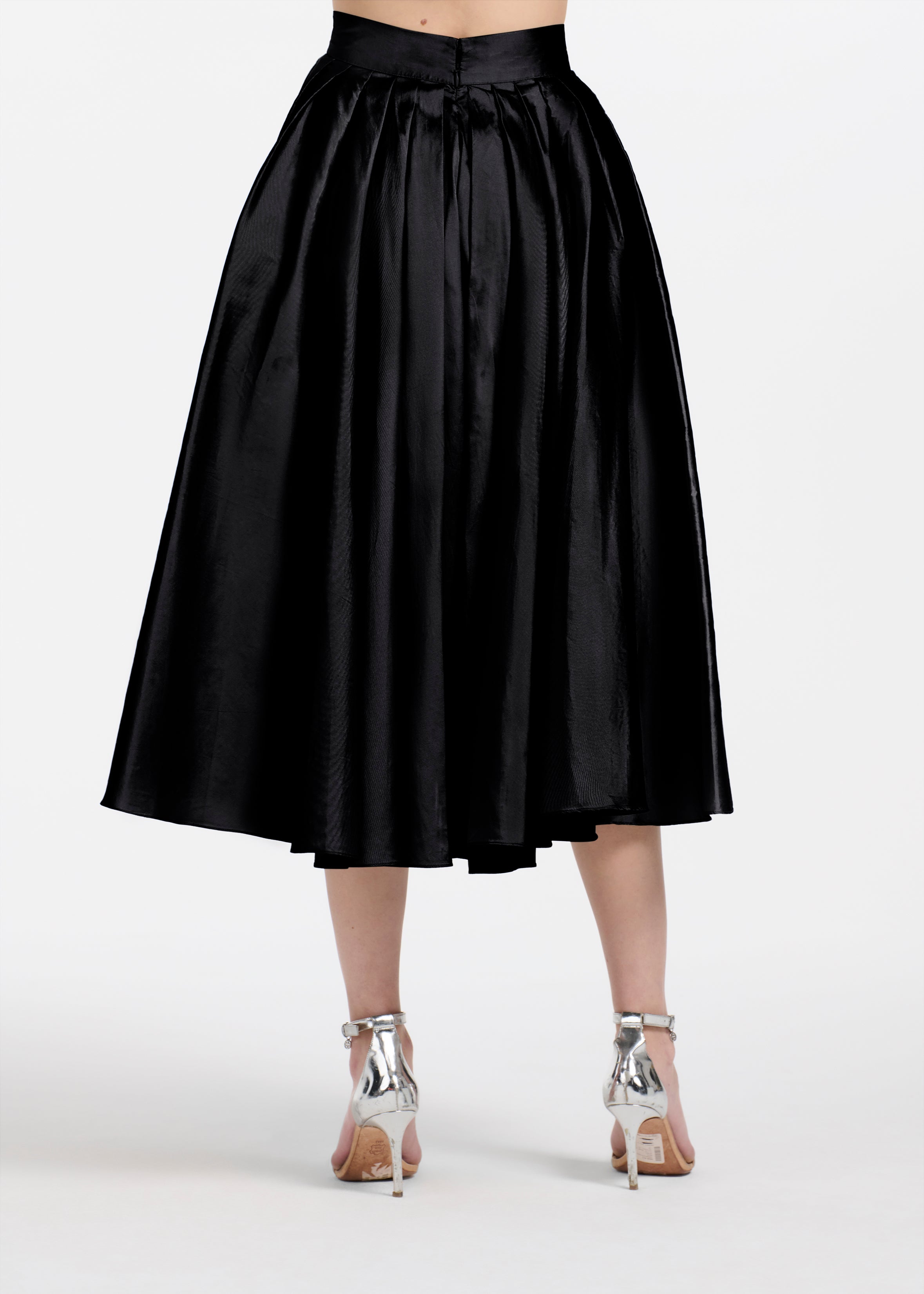 TEA LENGTH PLEATED SOFT TAFFETA MIDI SKIRT BLACK