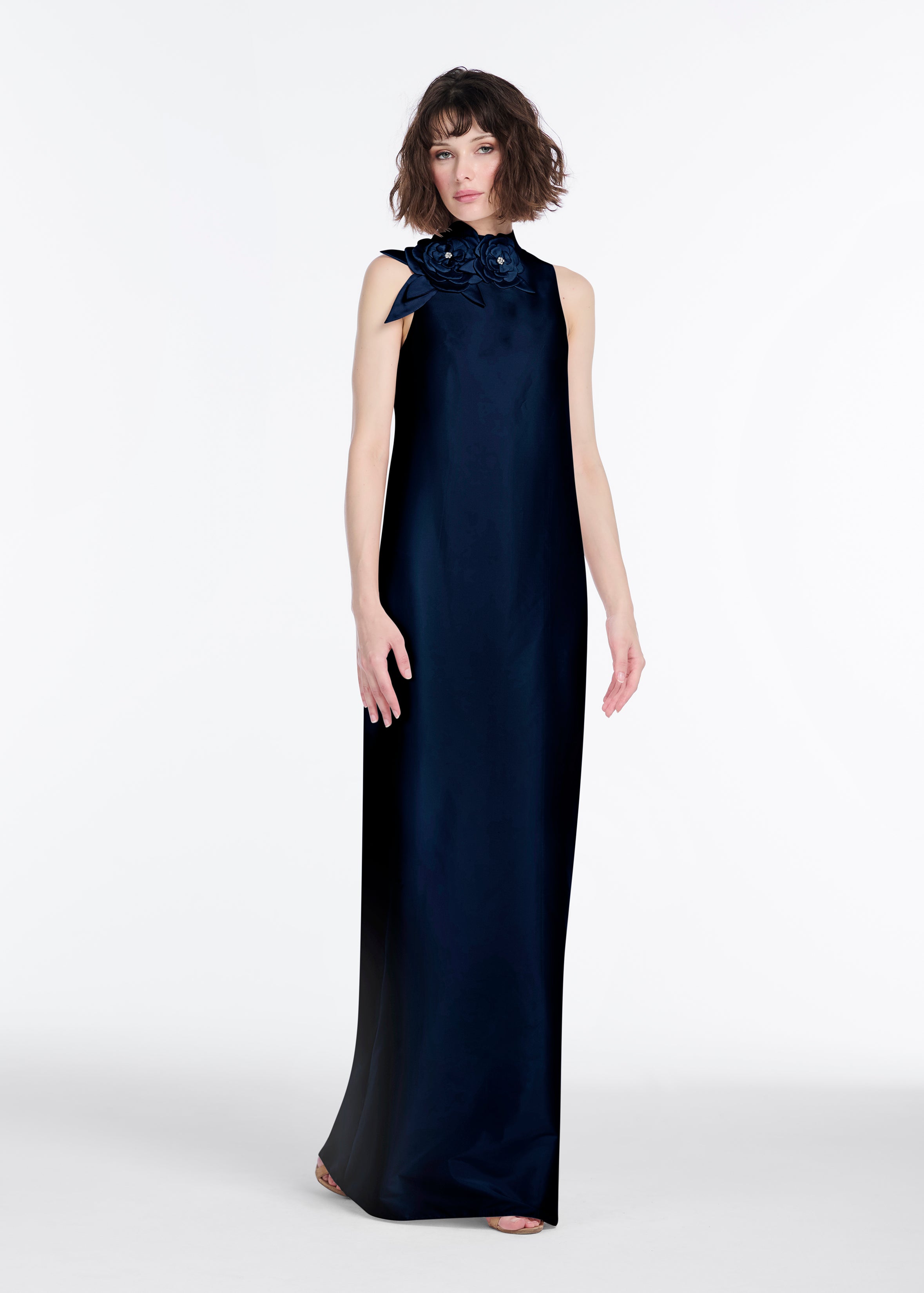 Taffeta Sleeveless Gown WITH FLOWERS Navy