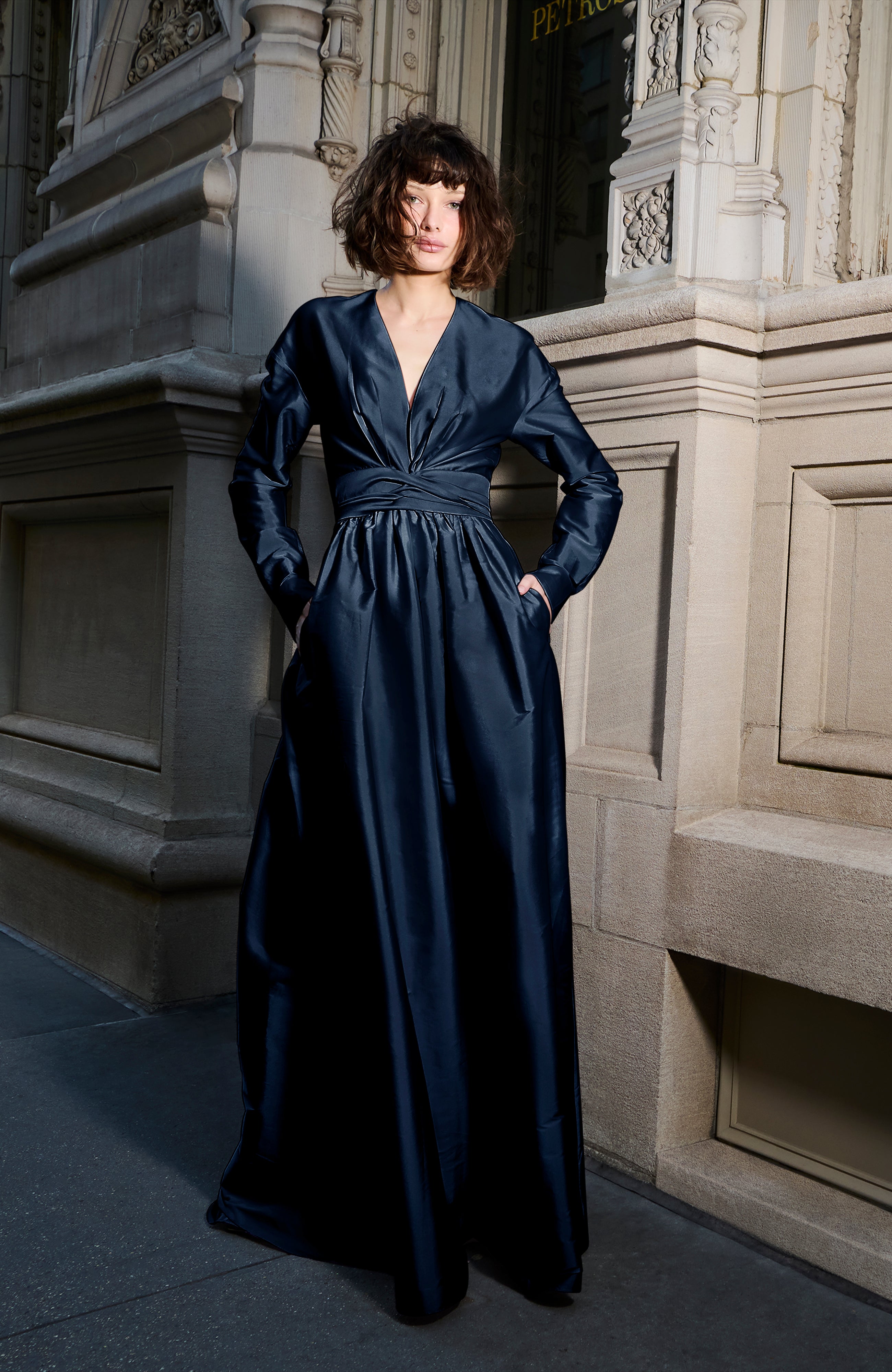 TAFFETA WRAP GOWN NAVY